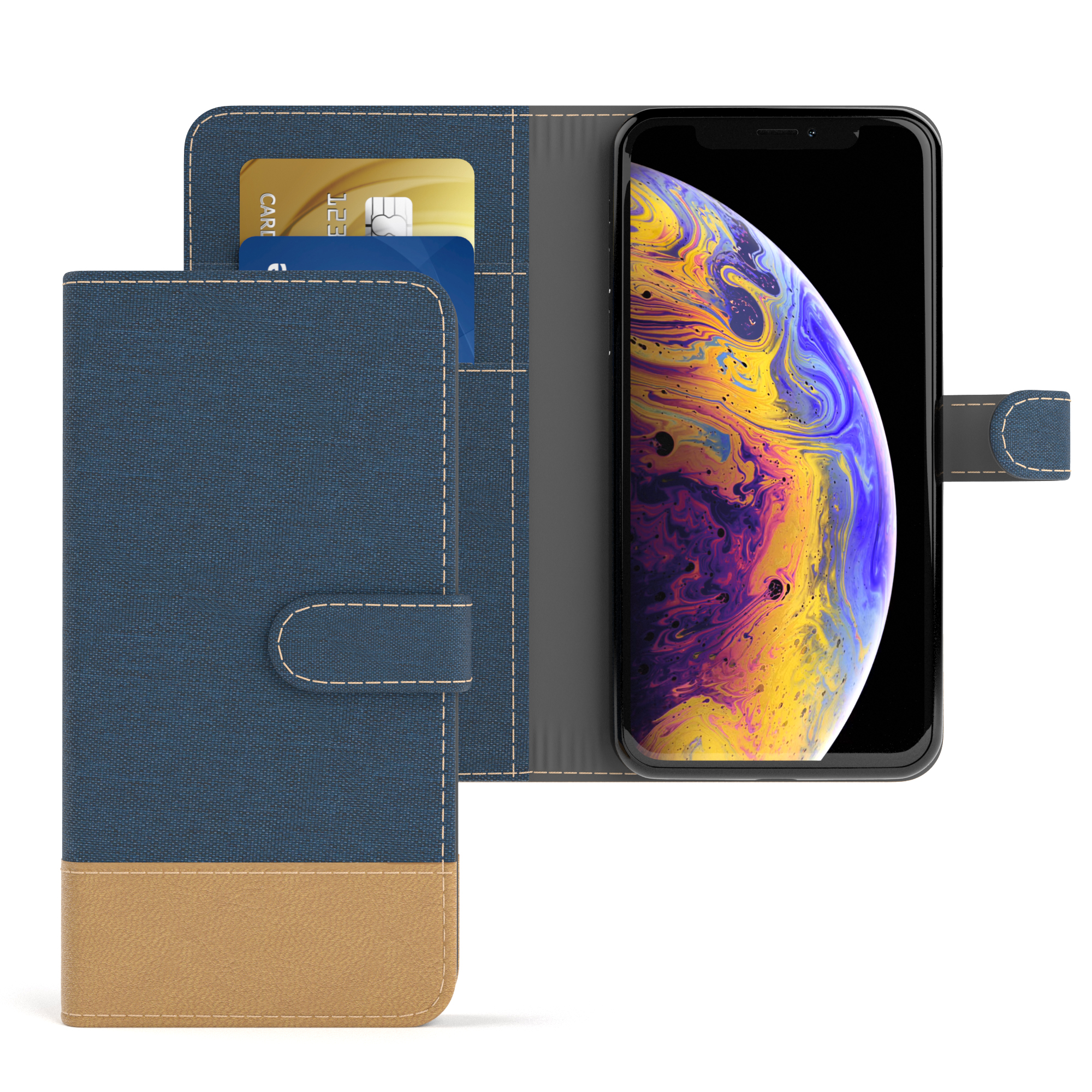 Klapphülle / Jeans XS, iPhone EAZY Bookstyle X CASE Blau Apple, Bookcover, Kartenfach, mit