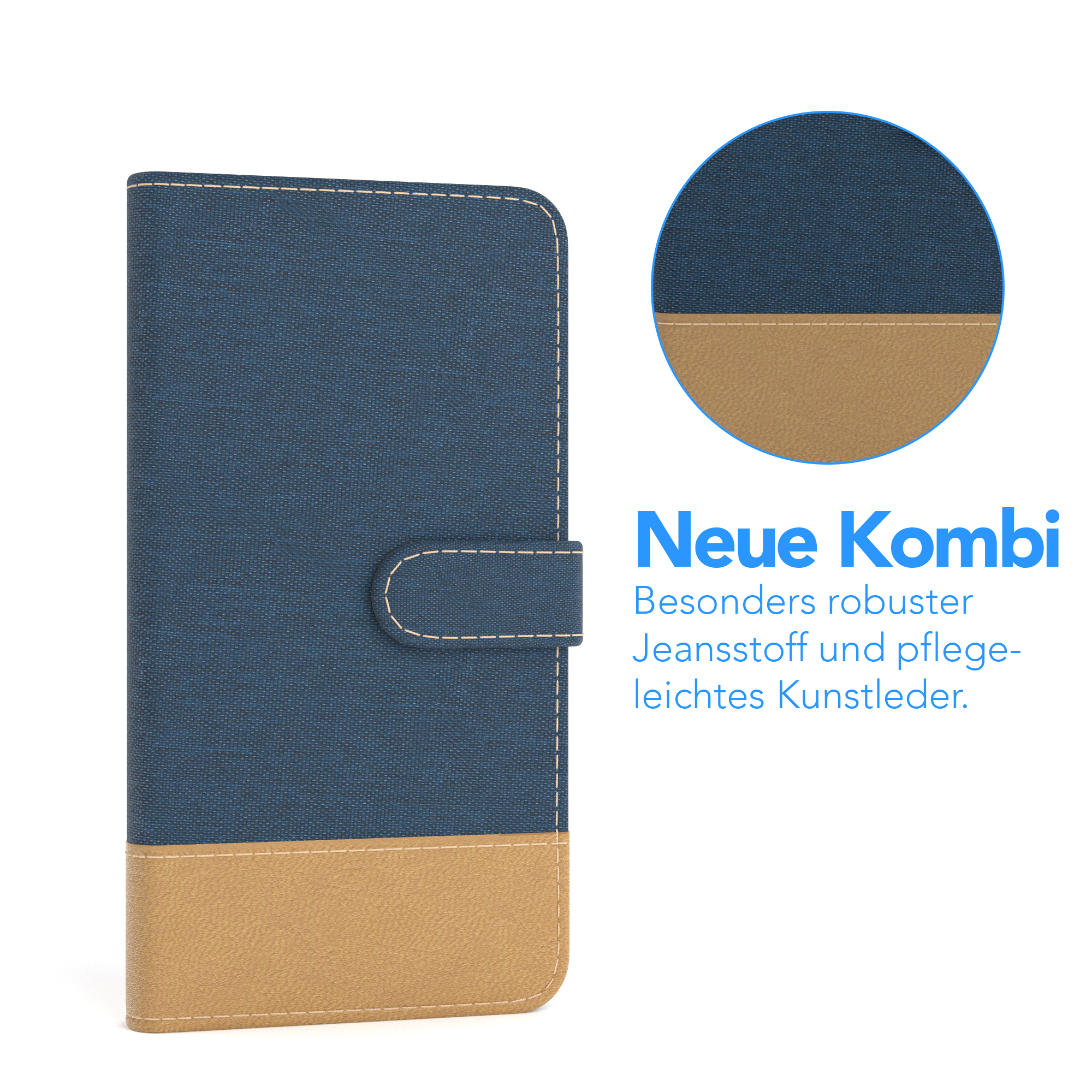 Blau-braune Handyhülle. Oben blau, unten braun, mit weißem Knopf.