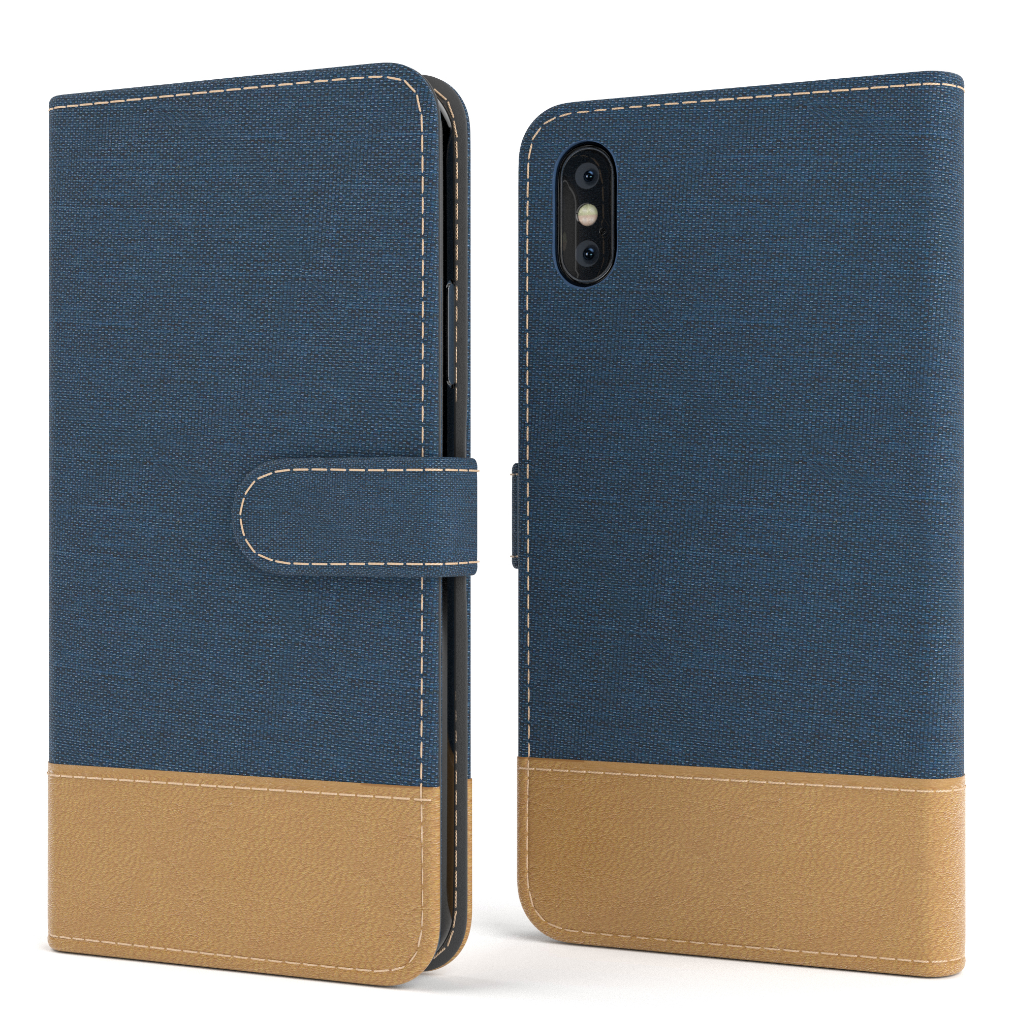 Blau-braune Handyhülle. Zeigt Vorder- und Rückseite. Mit Nähten und Verschluss. Braune Basis, blauer Deckel.