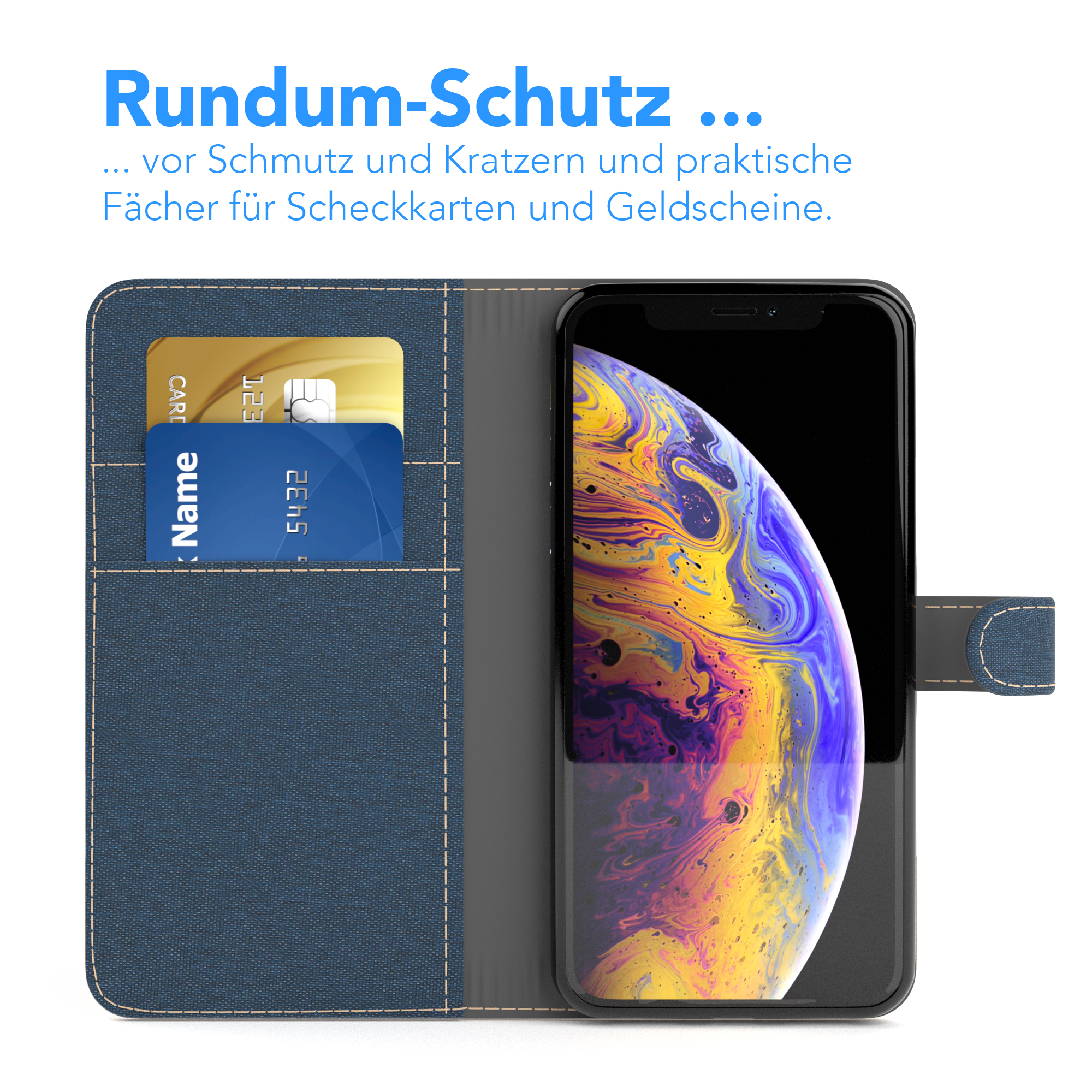 Blaue Geldbörsenhülle offen. Kreditkarten in Schlitzen, Telefon mit gelben und lila Farbtönen.