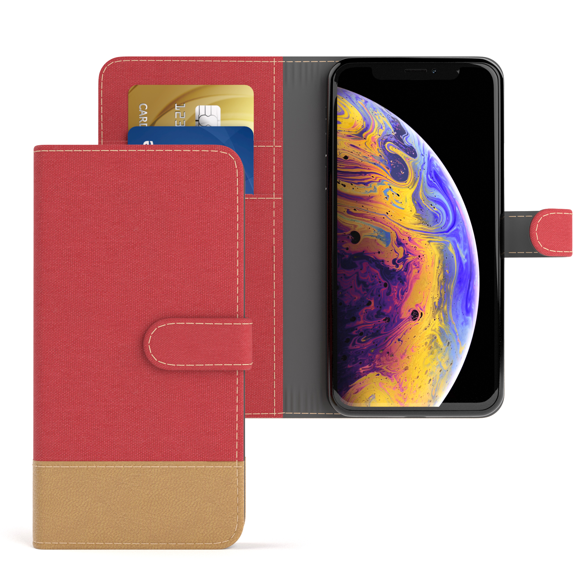 EAZY CASE Bookstyle iPhone X Bookcover, XS, Rot mit Klapphülle Apple, / Jeans Kartenfach