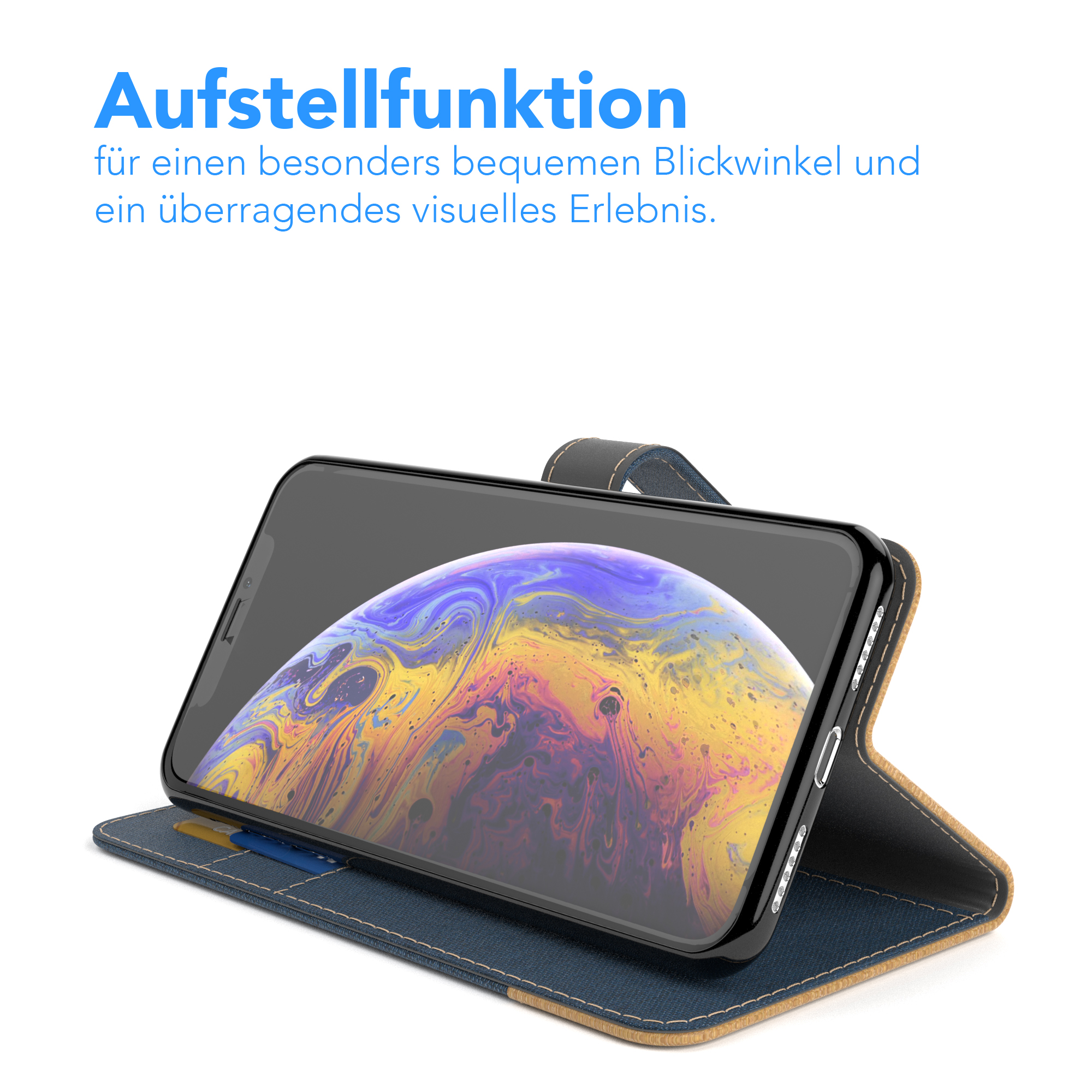 Ein Telefon in einer Hülle steht in einer Hülle, das Telefon ist auf dem Bildschirm.