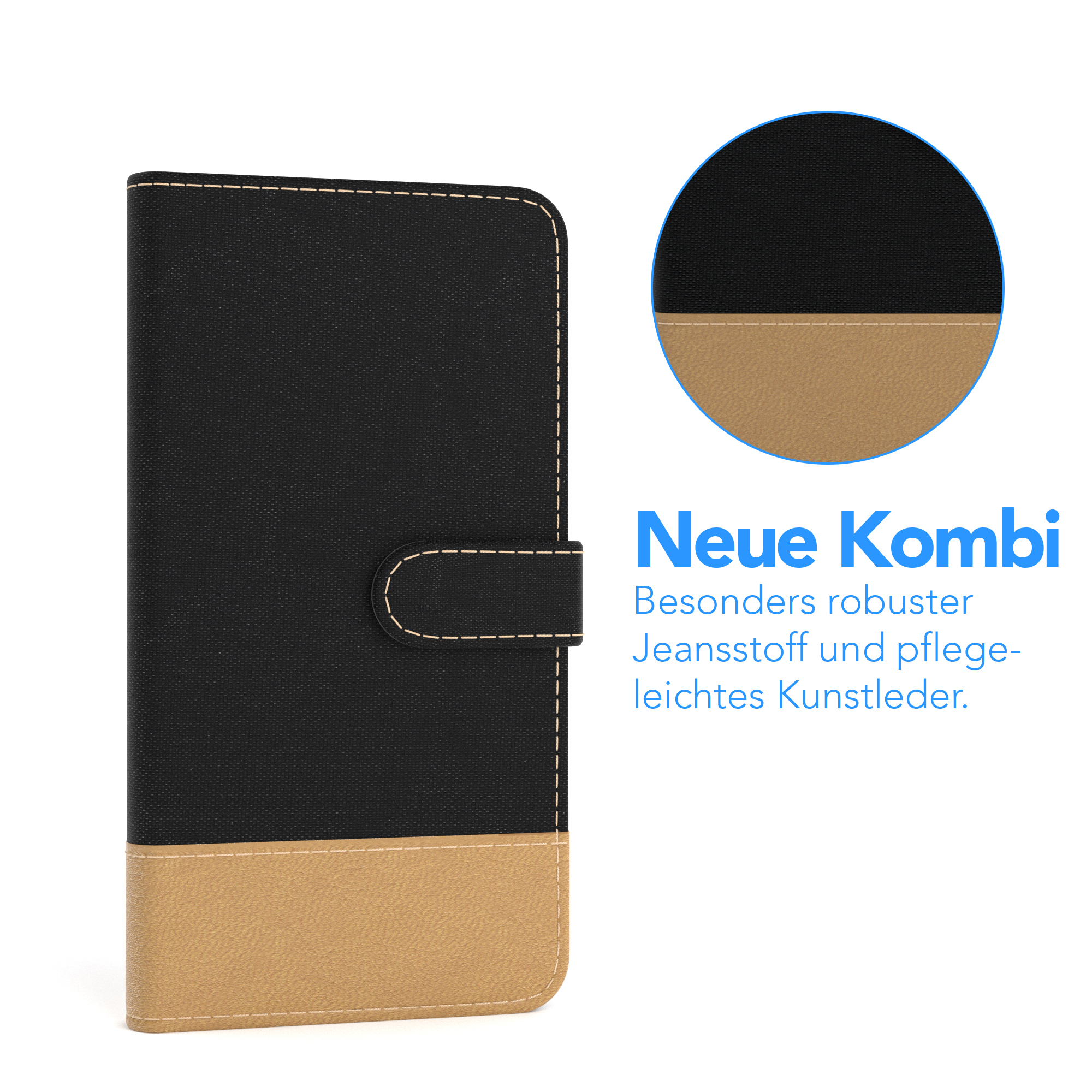 Schwarz-beige Handyhülle mit Text. Weißer Hintergrund.