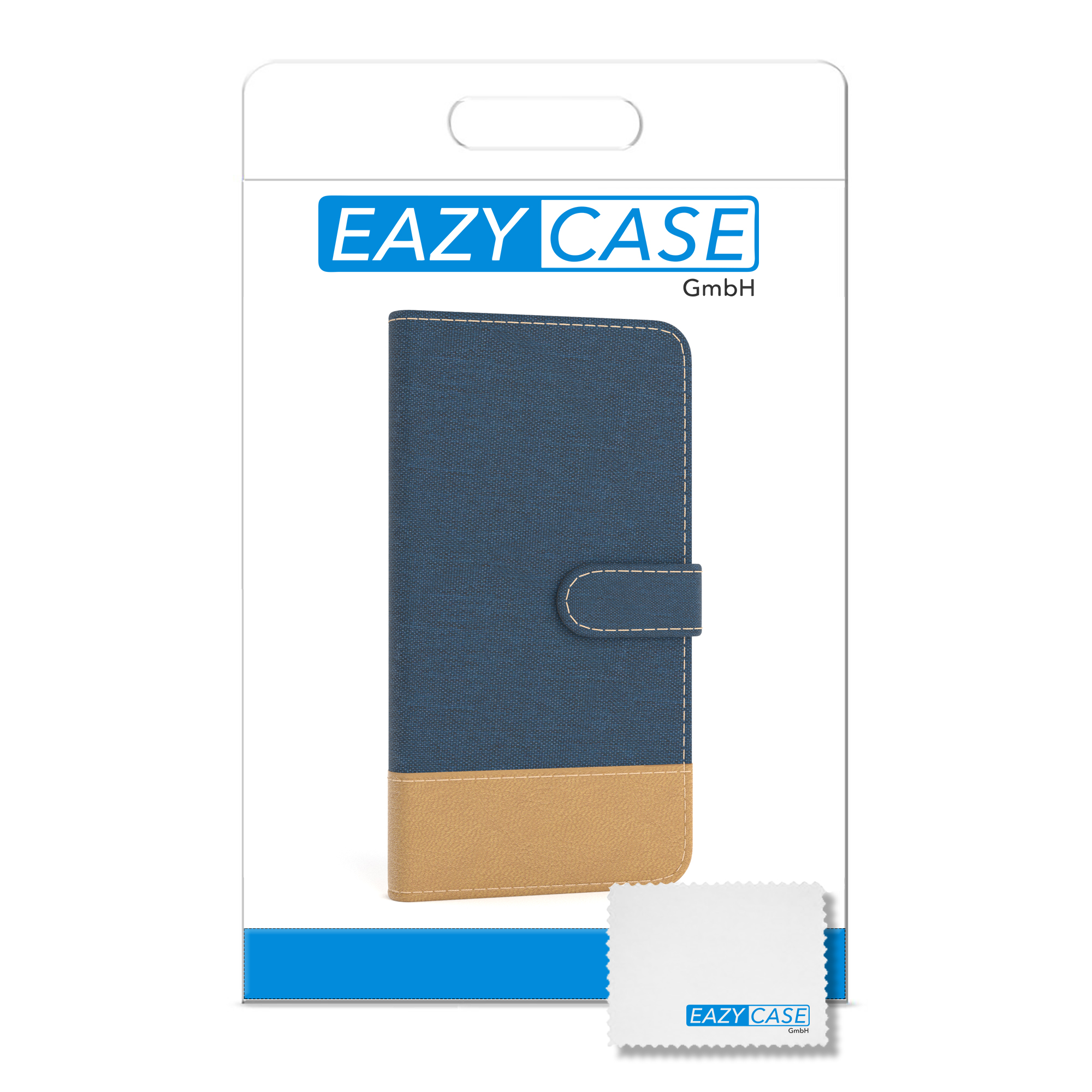 Eine Handyhülle in einer Verpackung mit dem Logo "EAZY CASE" und einem Reinigungstuch.
