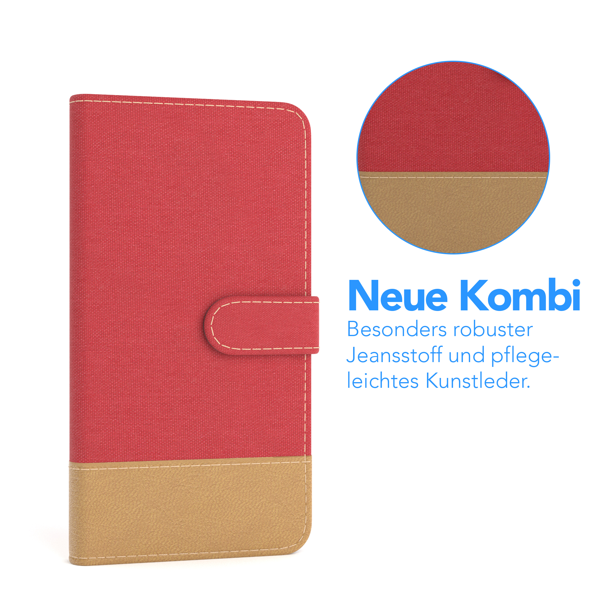 Rote und beige Handyhülle, mit Text: 'Neue Kombi', 'Besonders robuster Jeansstoff...'