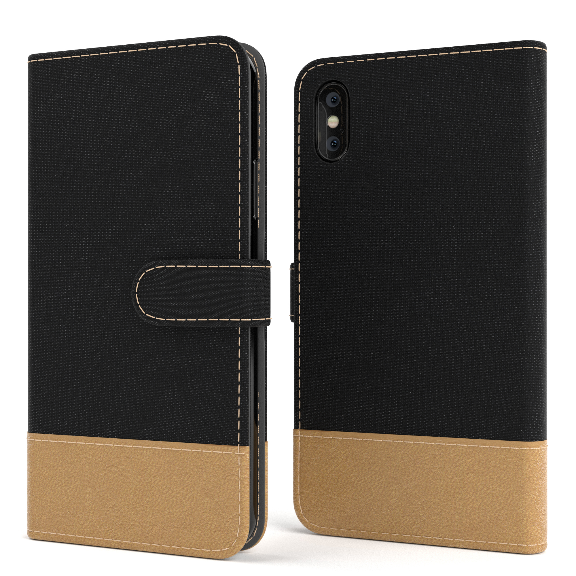 Schwarze und beige Handyhülle, offen, mit Telefon. Die Hülle ist lederartig und genäht.