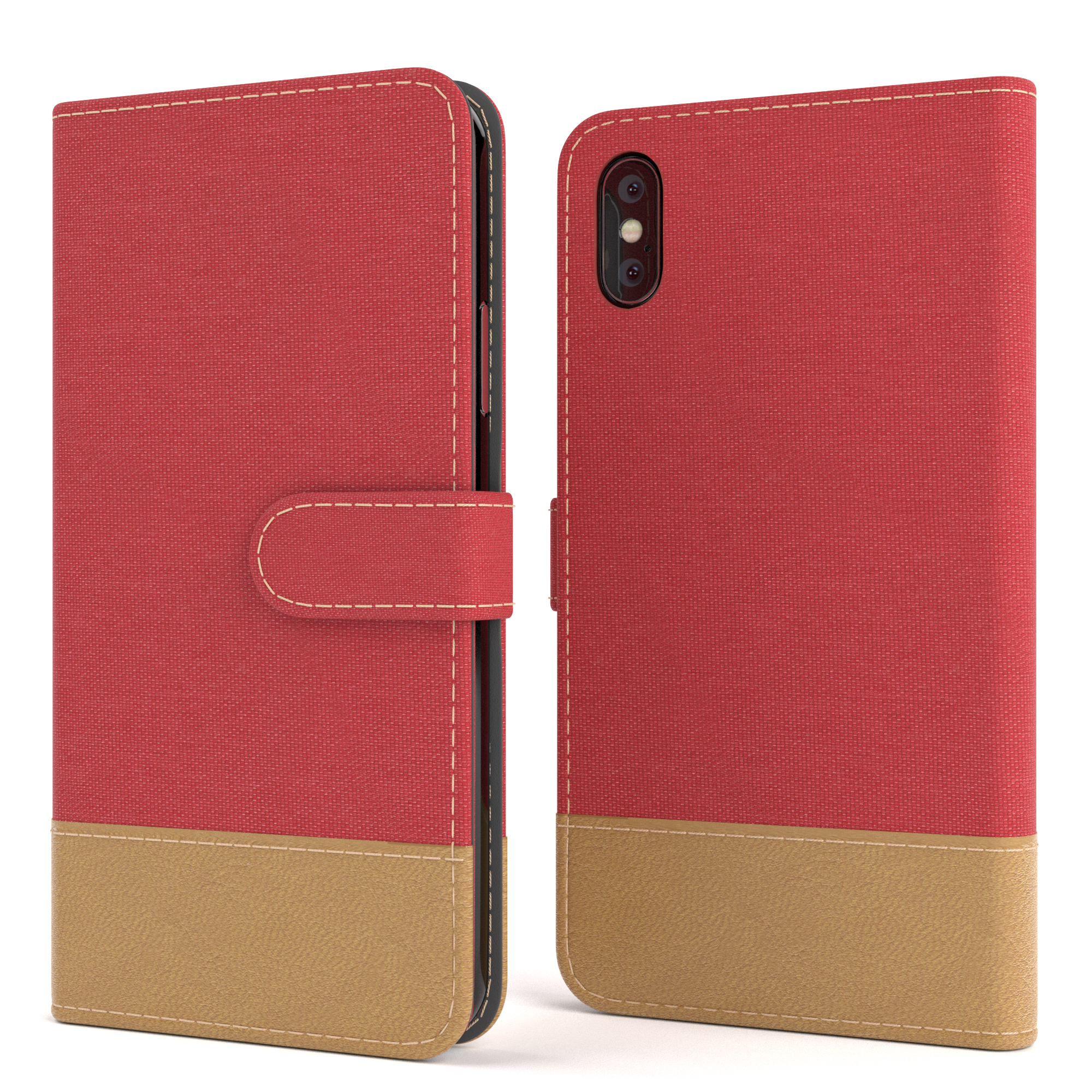 Rote und beige Handyhülle, offen und geschlossen. Zeigt Vorder- und Rückseite der Hülle.