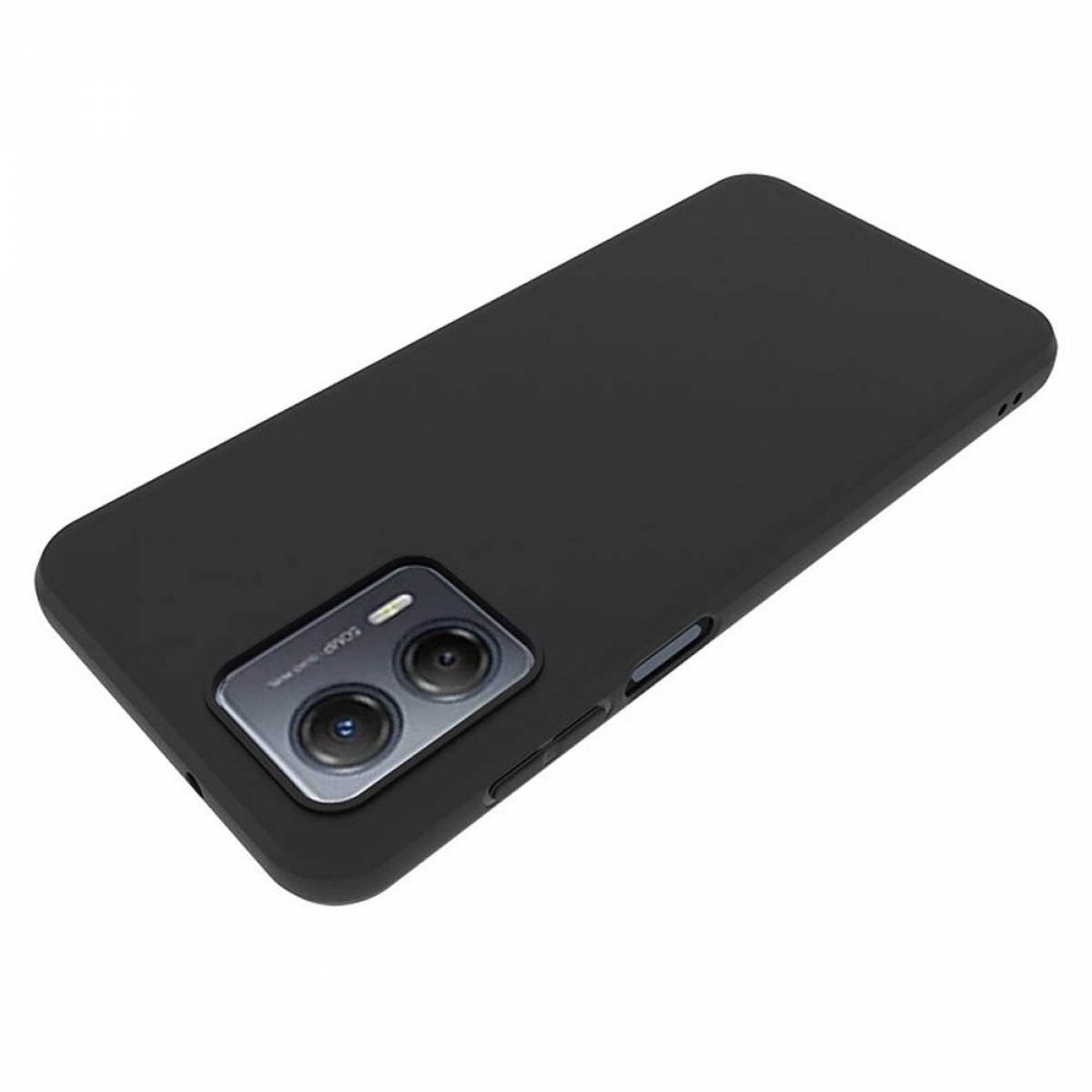 Ein schwarzes Telefon mit Kameraausbuchtung. Das Telefon liegt flach, angewinkelt und hat eine schwarze Hülle.