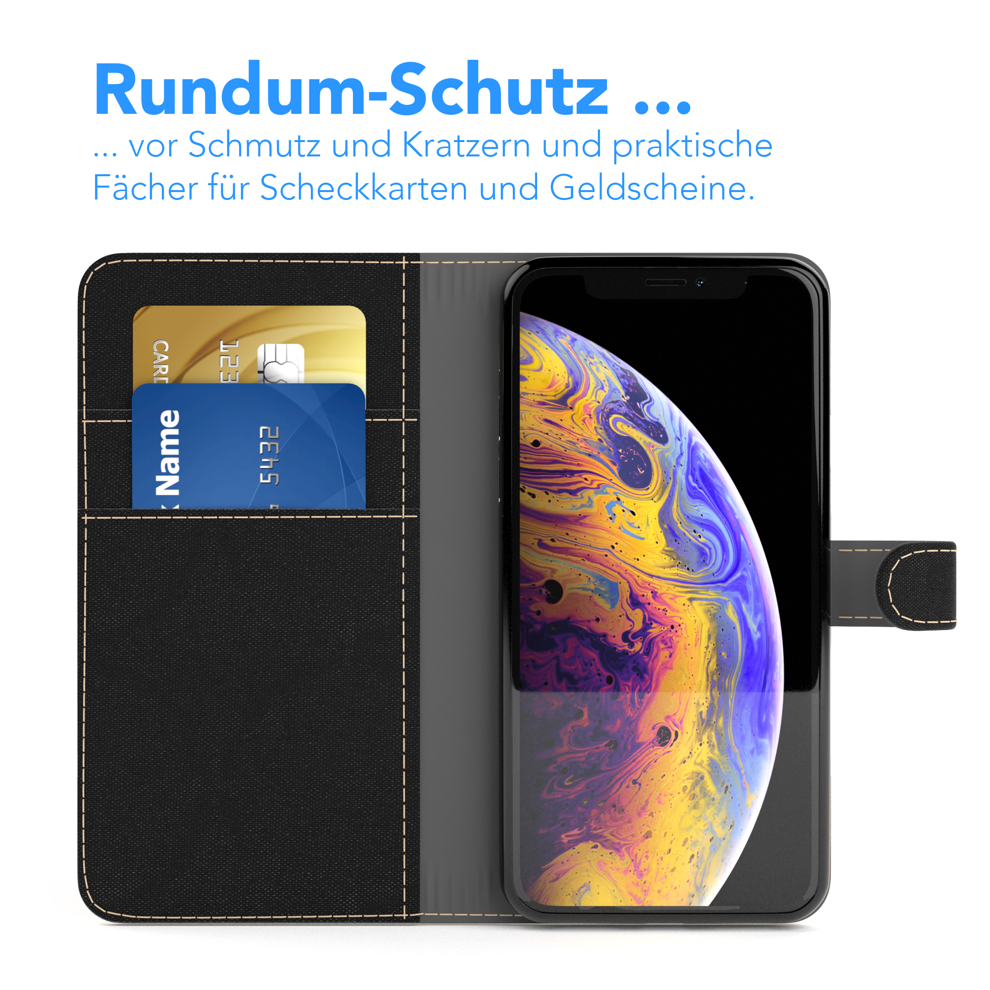 Eine Handyhülle mit Karten und einem Telefon darin.