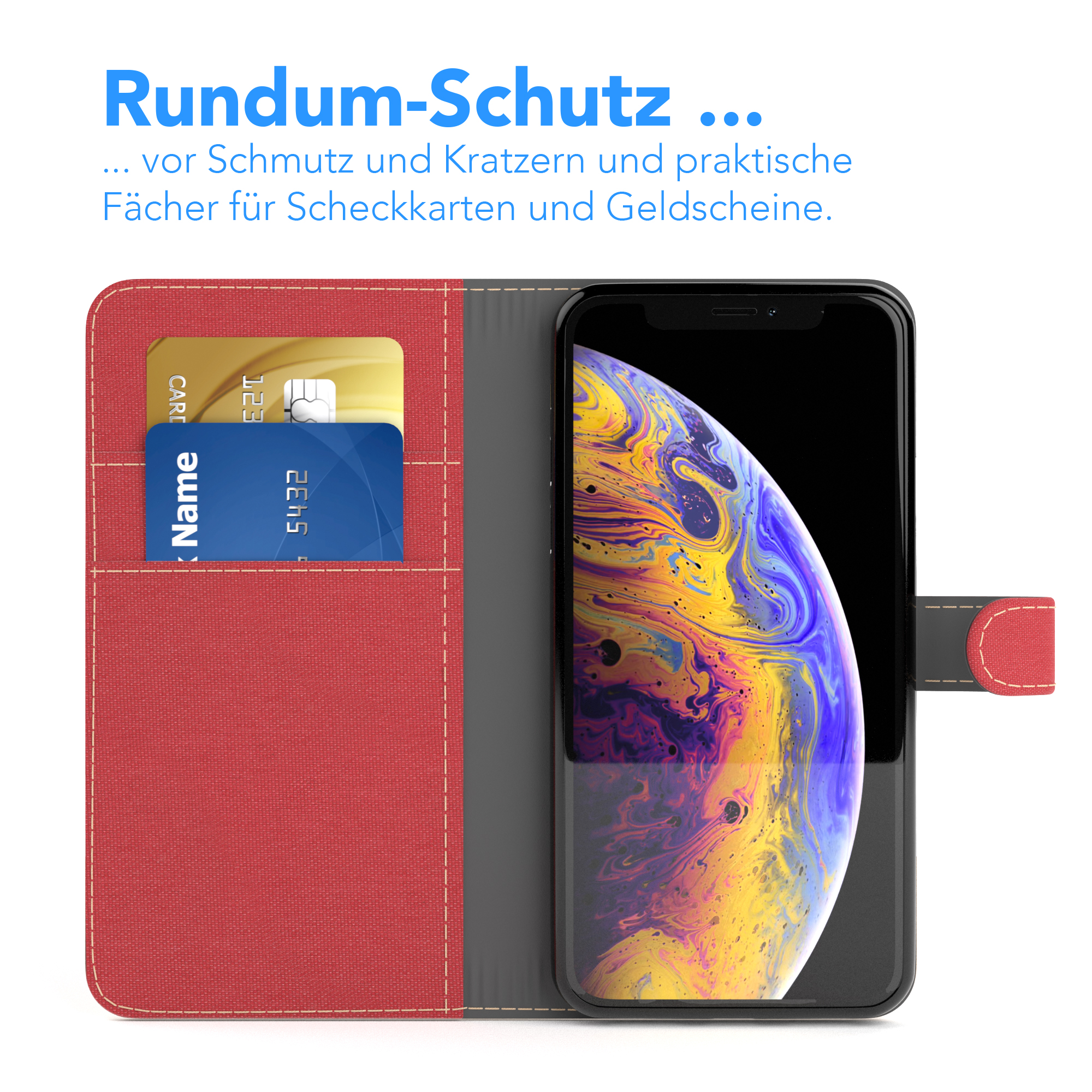 Eine rote Handyhülle mit einem Handy darin und zwei Kreditkarten in den Fächern.