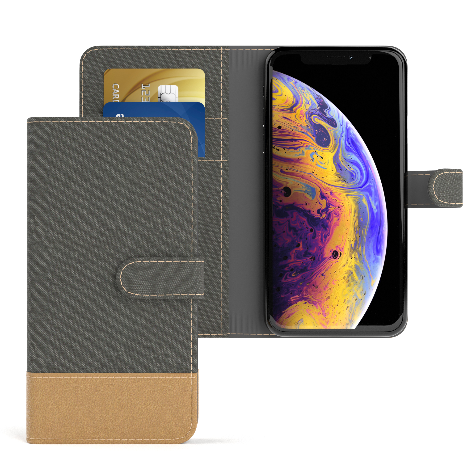 EAZY CASE Bookstyle mit Kartenfach, / Jeans Bookcover, Apple, XS, iPhone X Klapphülle Grau Anthrazit