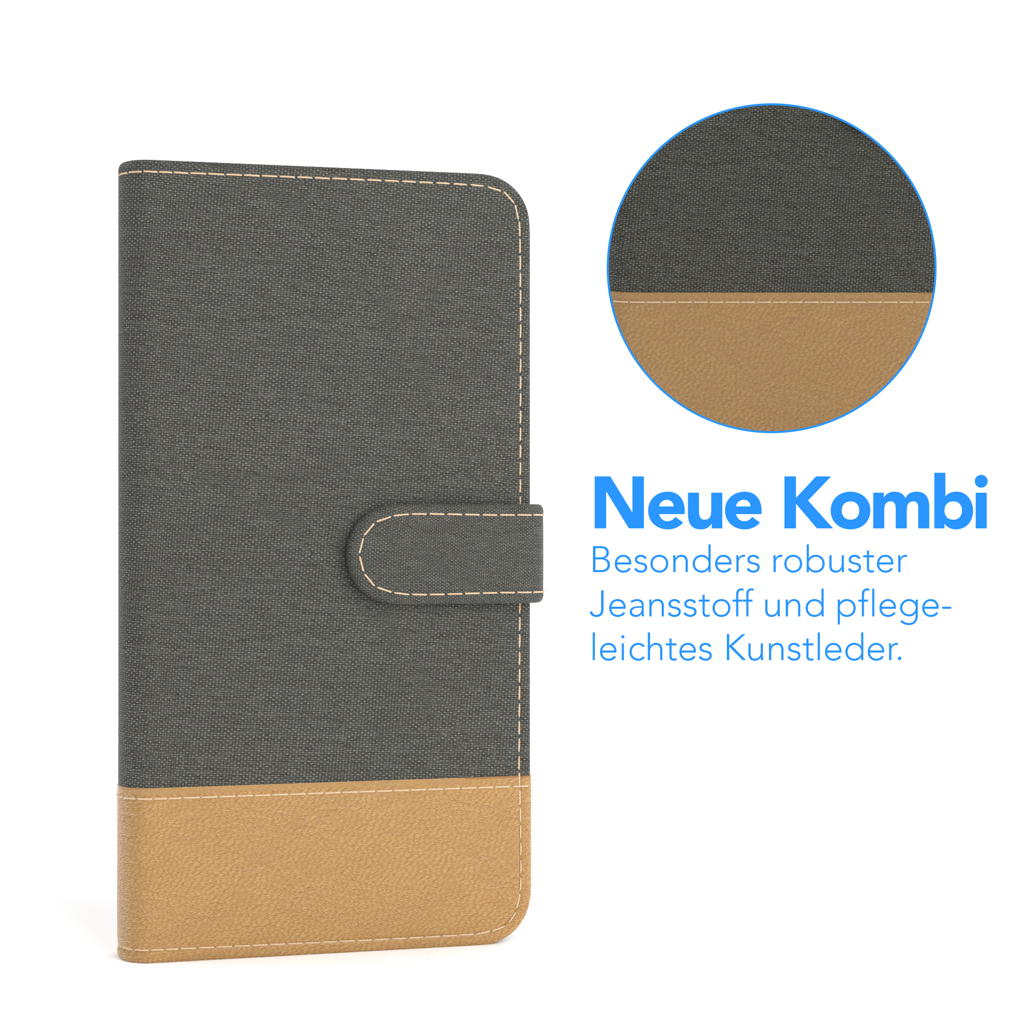 Graue und hellbraune Handyhülle geschlossen. Verfügt über ein kreisförmiges Detail auf der Rückseite.