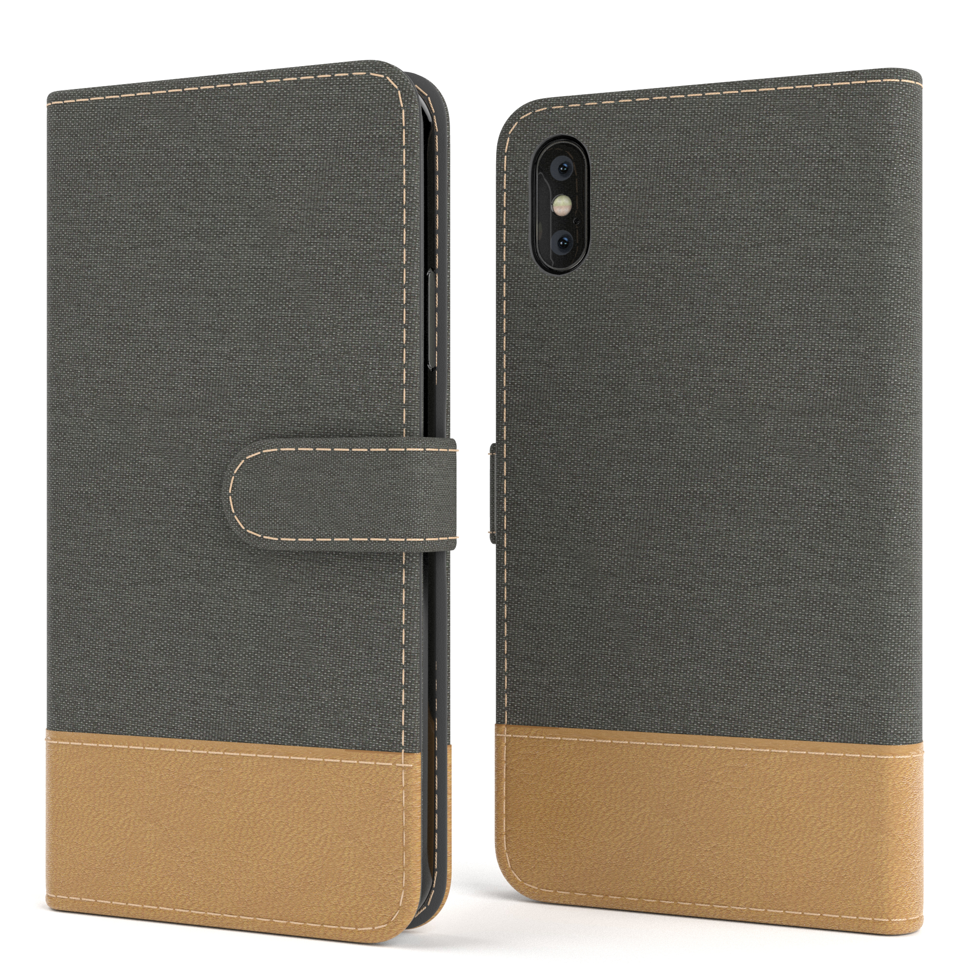 Graue und beige Handyhülle, offen, mit Knopfverschluss.