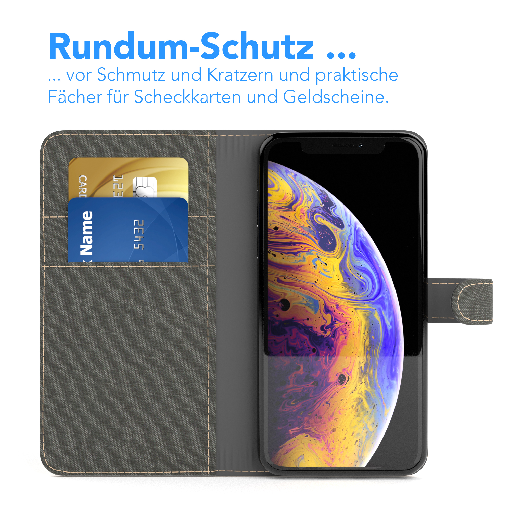 Telefon in einer Brieftasche mit Kreditkarten. Text auf der Hülle: 'Rundum-Schutz'.
