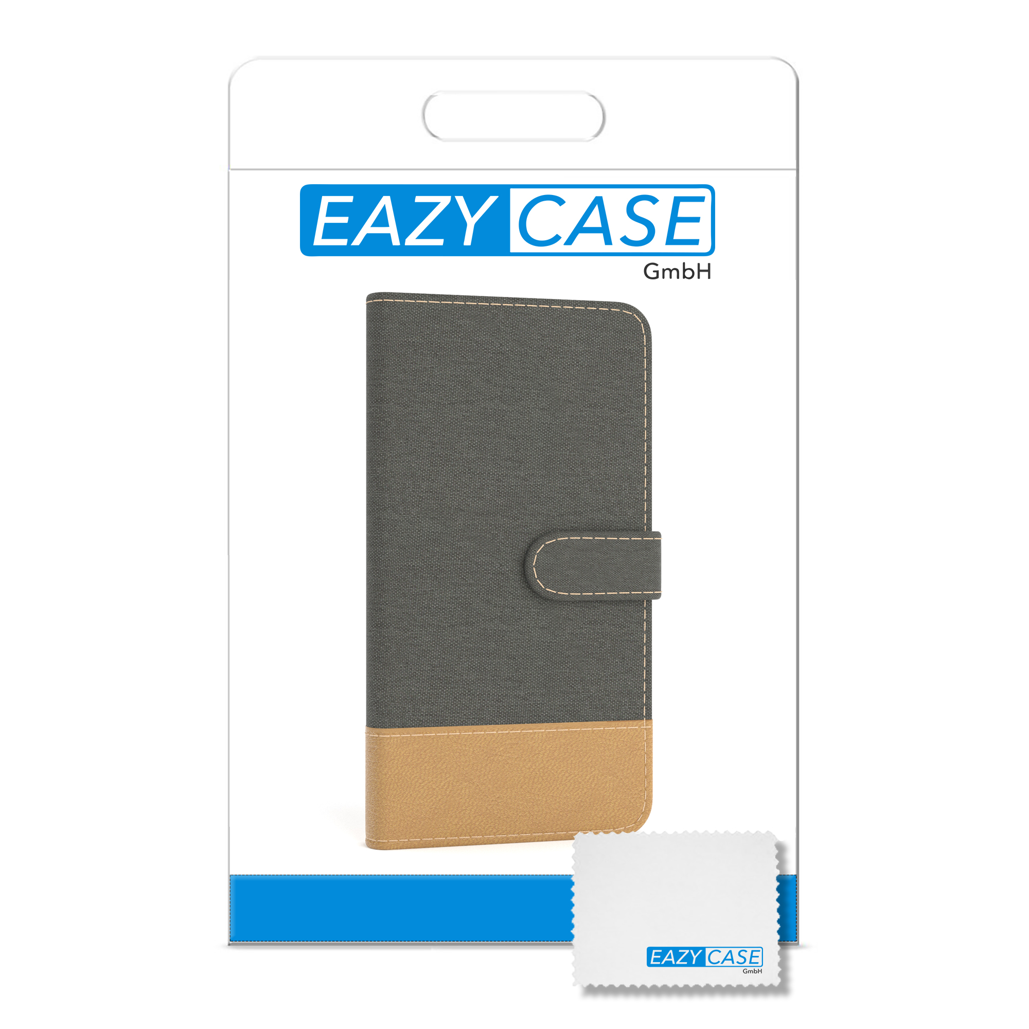 Eazy Case Handyhüllenverpackung. Graue und beige Hülle mit einem Reinigungstuch.