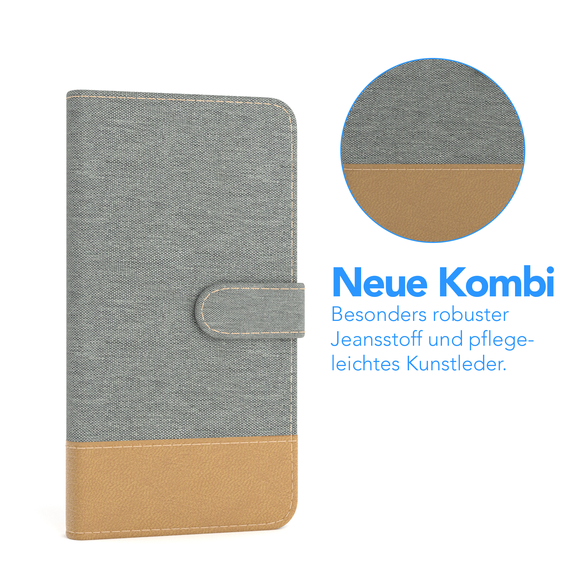 Grau-braune Handyhülle mit Magnetverschluss. Mit Text beschriftet.