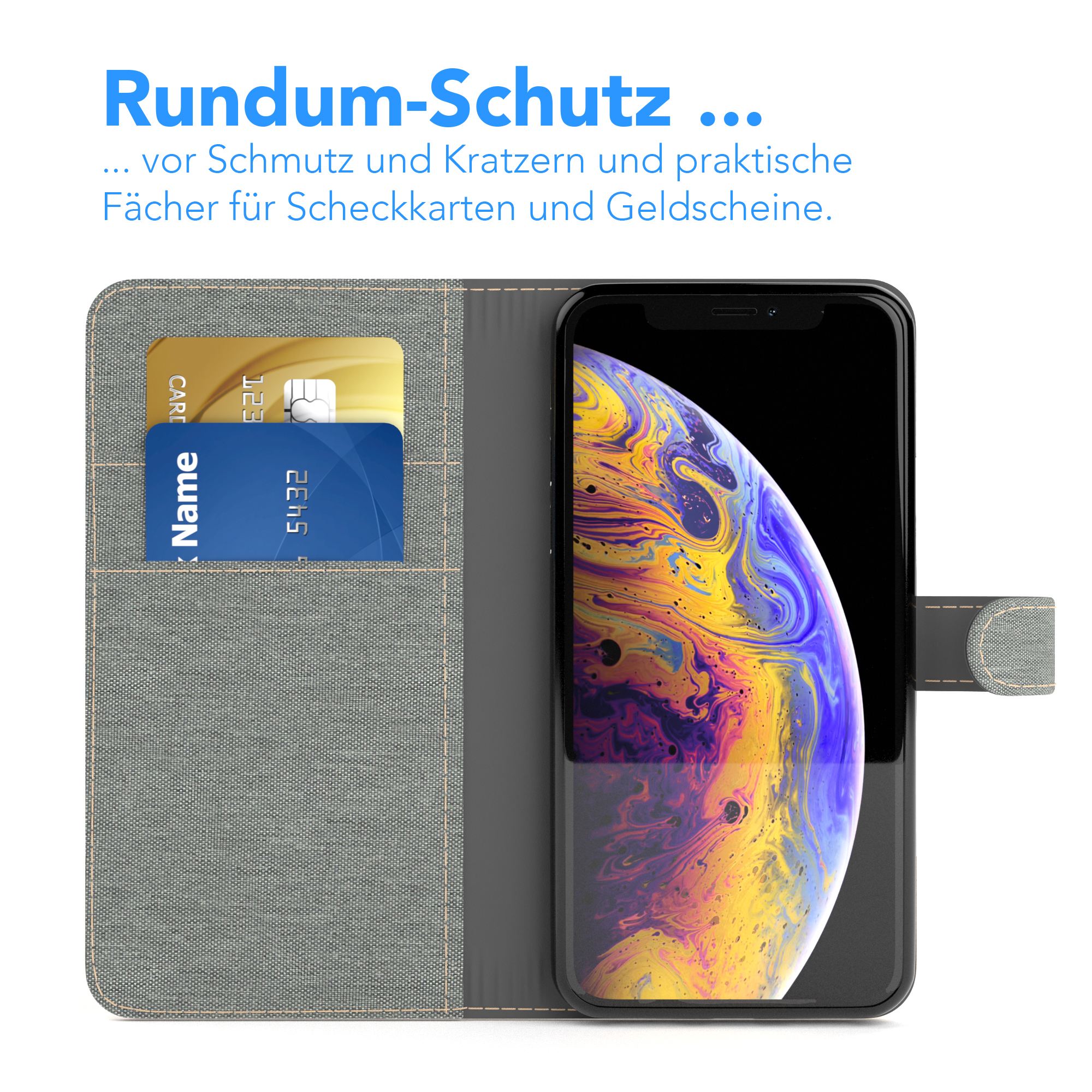 Telefon in einer Brieftaschenhülle mit Karten und einem Bildschirm mit bunten Hintergrund.