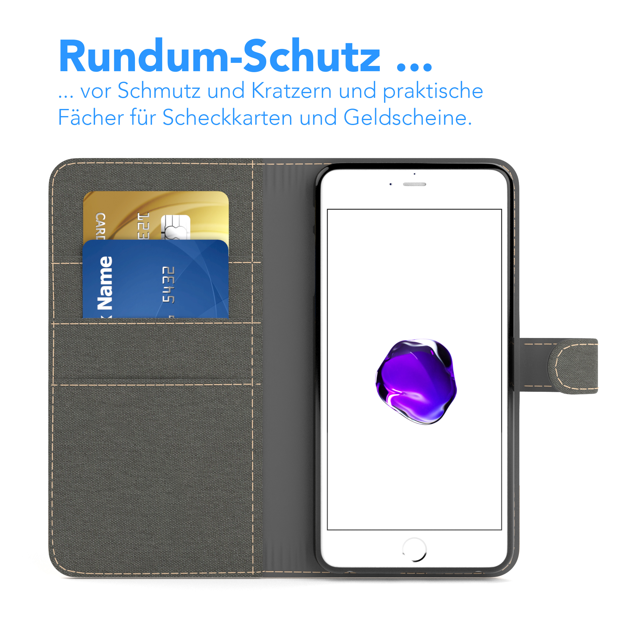 Graue Handyhülle mit Kreditkarten. Telefon mit lila Grafik auf dem Display.