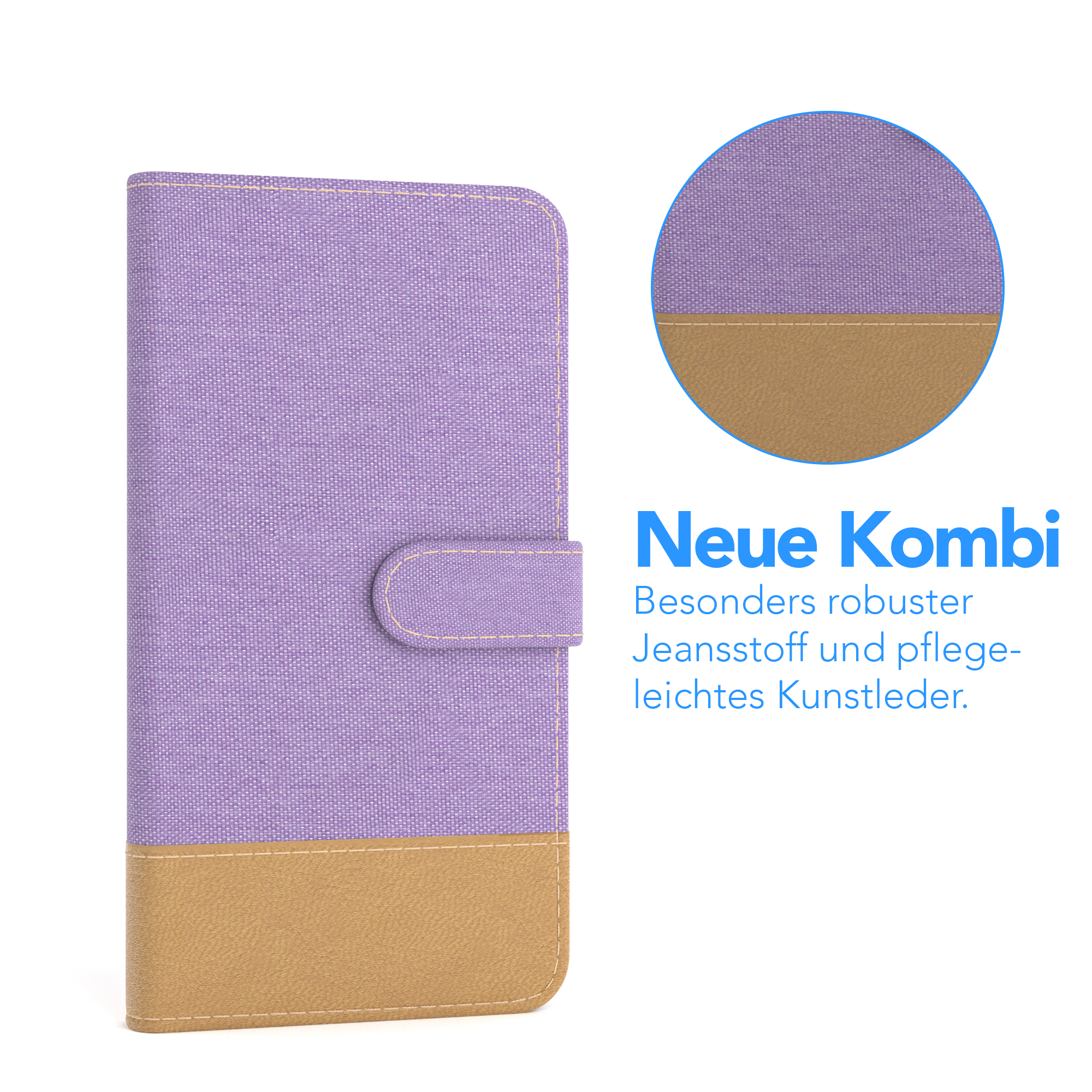 Eine lila-braune Handyhülle mit Knopfverschluss. Ein Kreis zeigt Details nah.
