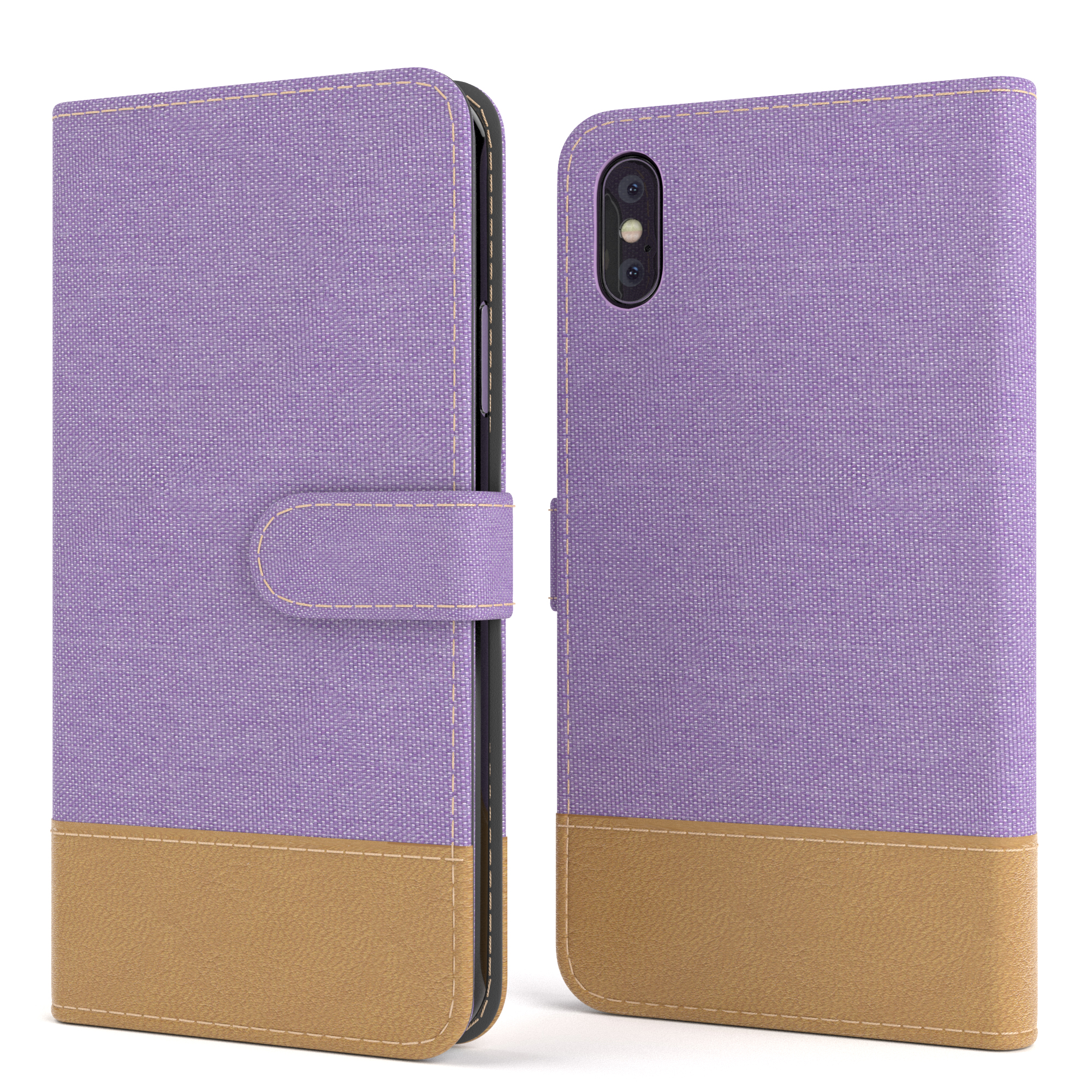 EAZY CASE Bookstyle Klapphülle Jeans mit X Violett Apple, Kartenfach, iPhone Lila XS, Bookcover, 