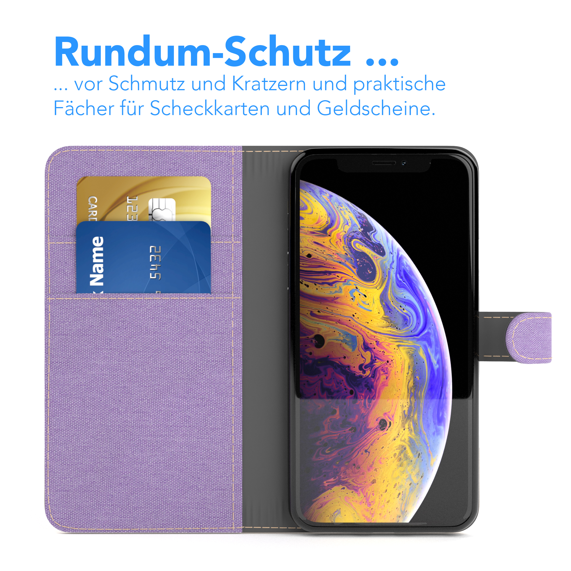 Telefon in lila Brieftaschen-Hülle mit Karten. Text: Rundum-Schutz.
