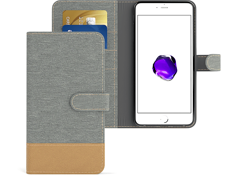 EAZY CASE Bookstyle Hell / Klapphülle Jeans Grau Kartenfach, Apple, iPhone mit 8 Bookcover, Plus, 7 Plus