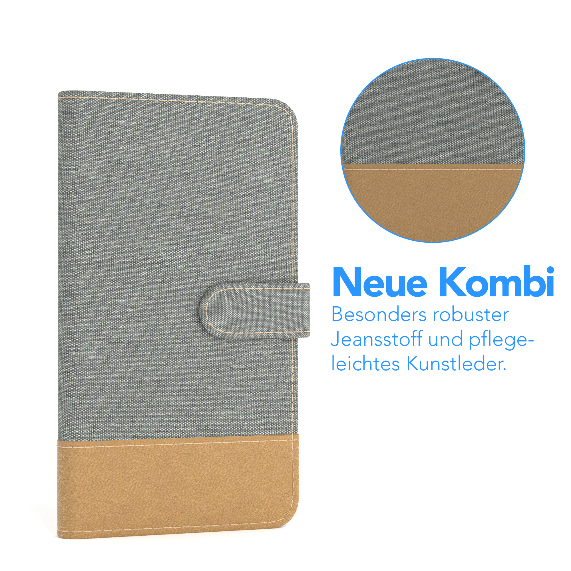Graues Tablet-Case mit braunem Boden. Ein kleiner Kreis zeigt die Gehäusedetails.