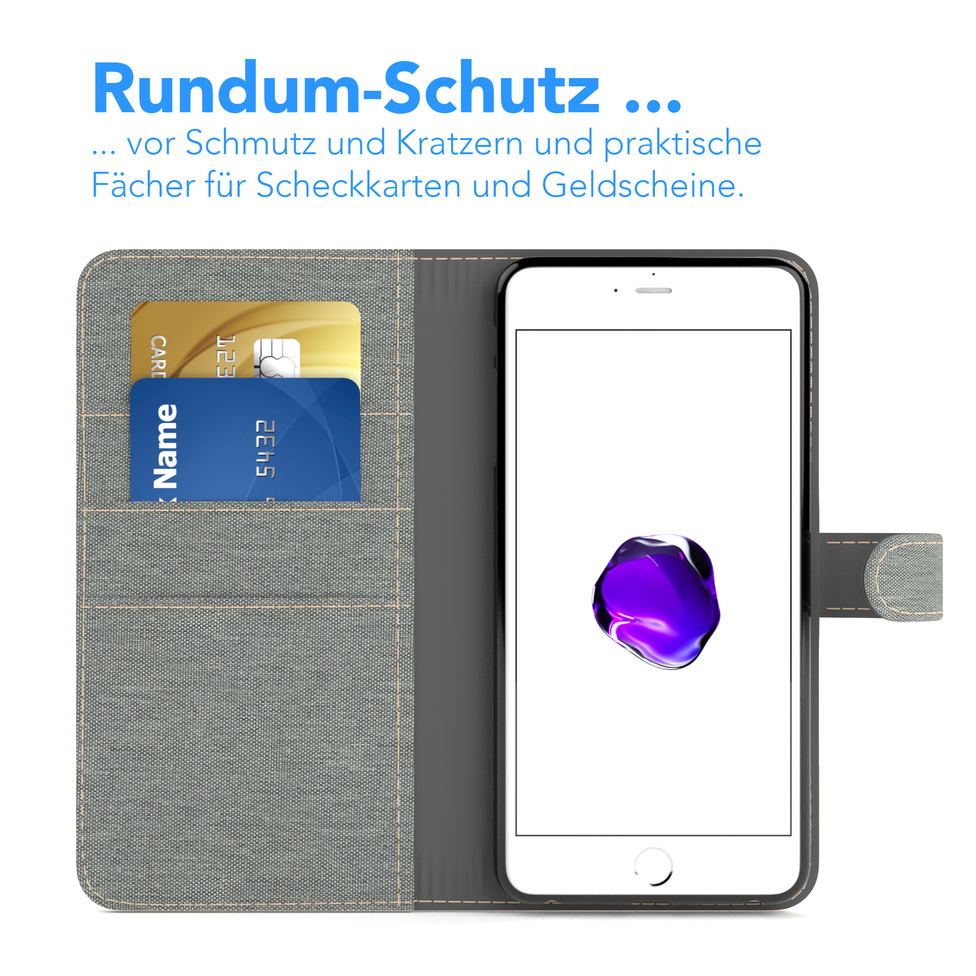 Eine Handyhülle mit Kartenfächern, Karten und ein Smartphone mit Apple-Logo.