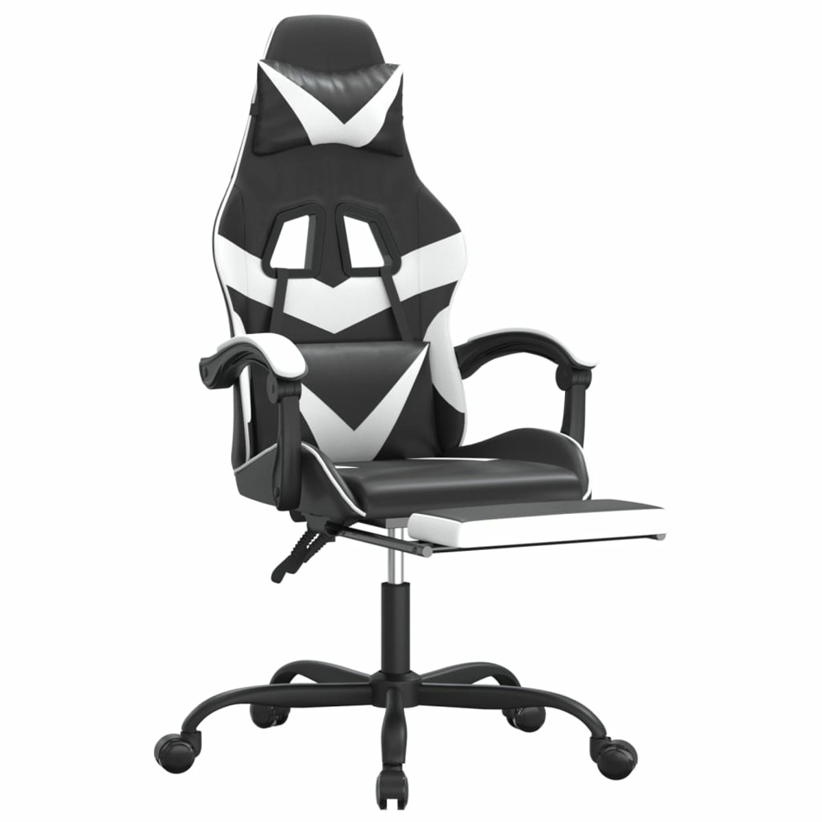 Schwarz-weißer Gaming-Stuhl mit Fußstütze auf weißem Hintergrund.
