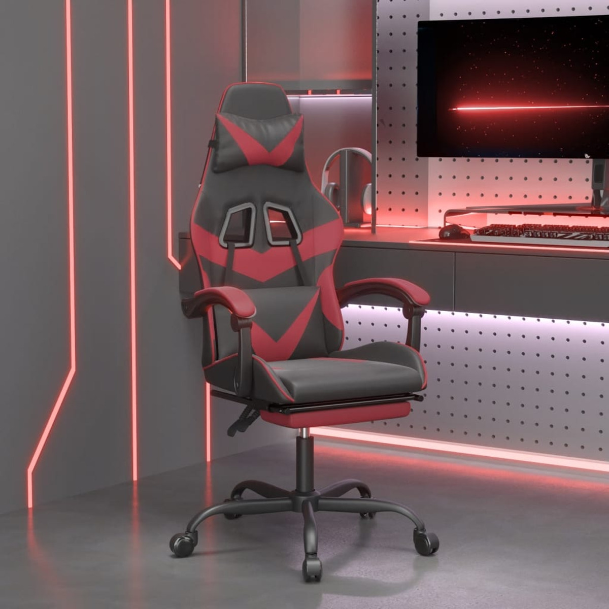 Gaming-Stuhl: schwarz und rot. In einem Gaming-Raum mit roten Neonlichtern.