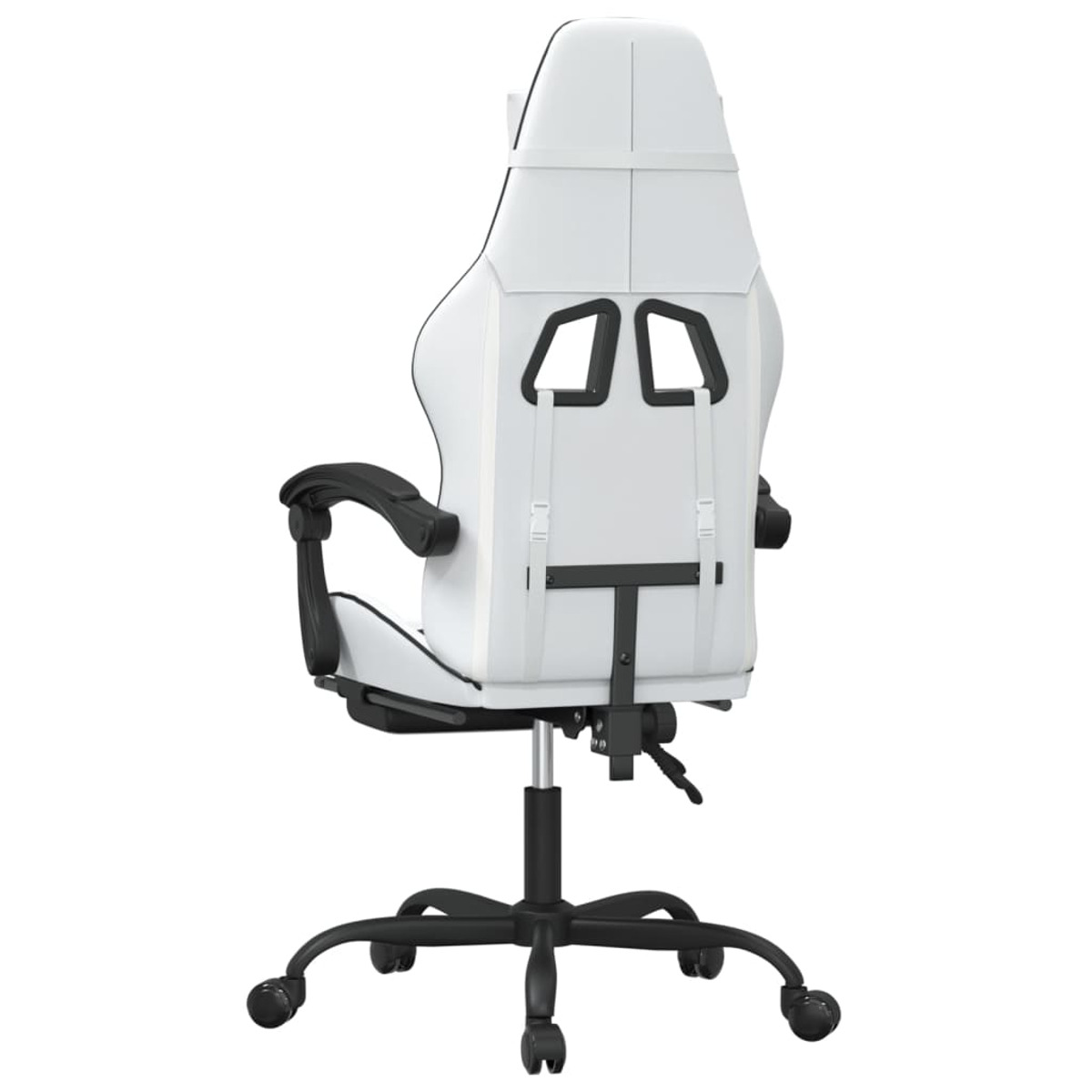 Weißer Gaming-Stuhl, Rückansicht, Design und schwarze Akzente zeigend.