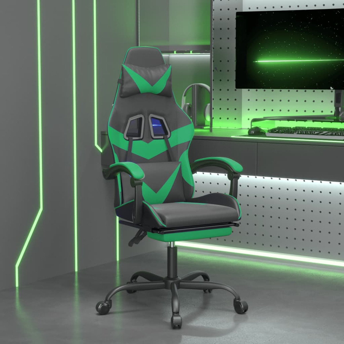 Gaming-Stuhl, schwarz mit grünen Akzenten, mit Computer und Neonlichtern im Hintergrund.