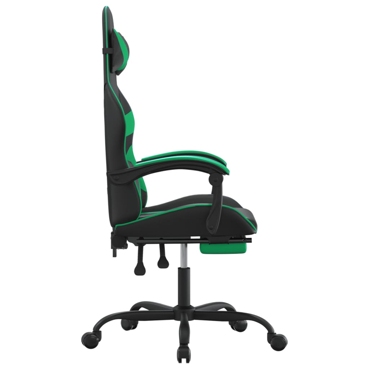 Seitenansicht eines schwarz-grünen Gaming-Stuhls mit schwarzem Untergestell.