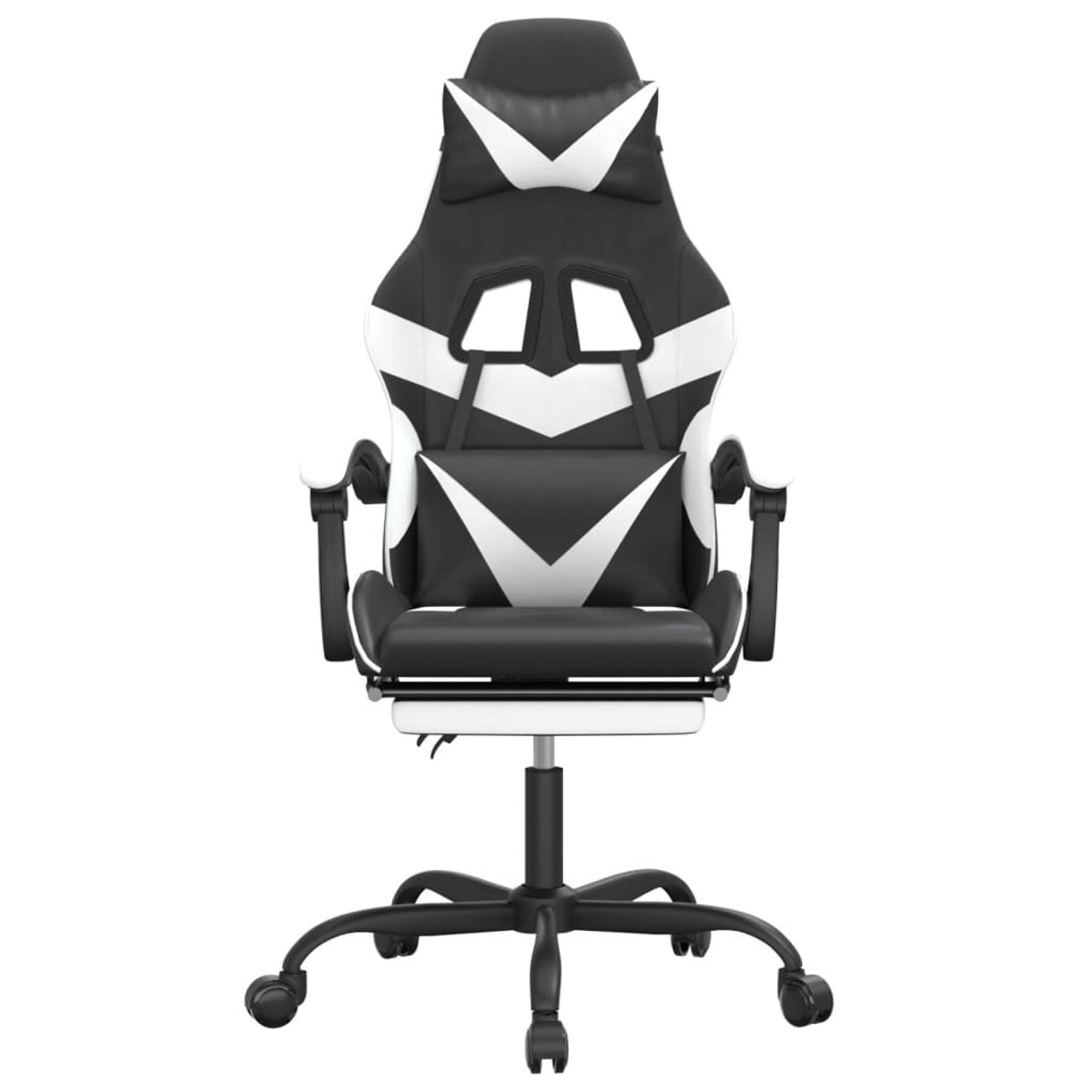 Schwarz-weißer Gaming-Stuhl mit hohem Rücken und Fußstütze, weißer Hintergrund.