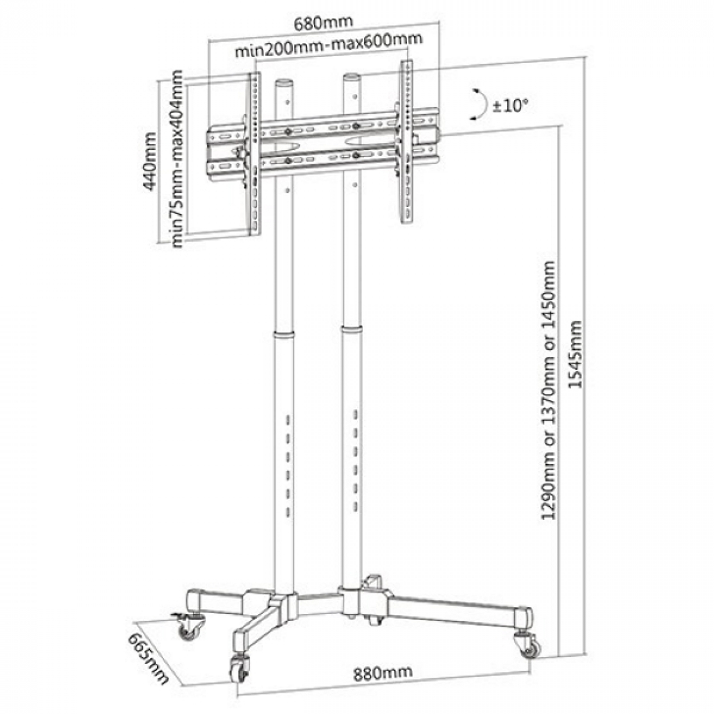 A black and silver TV stand with adjustable height and wheels, with dimensions labeled in millimeters.