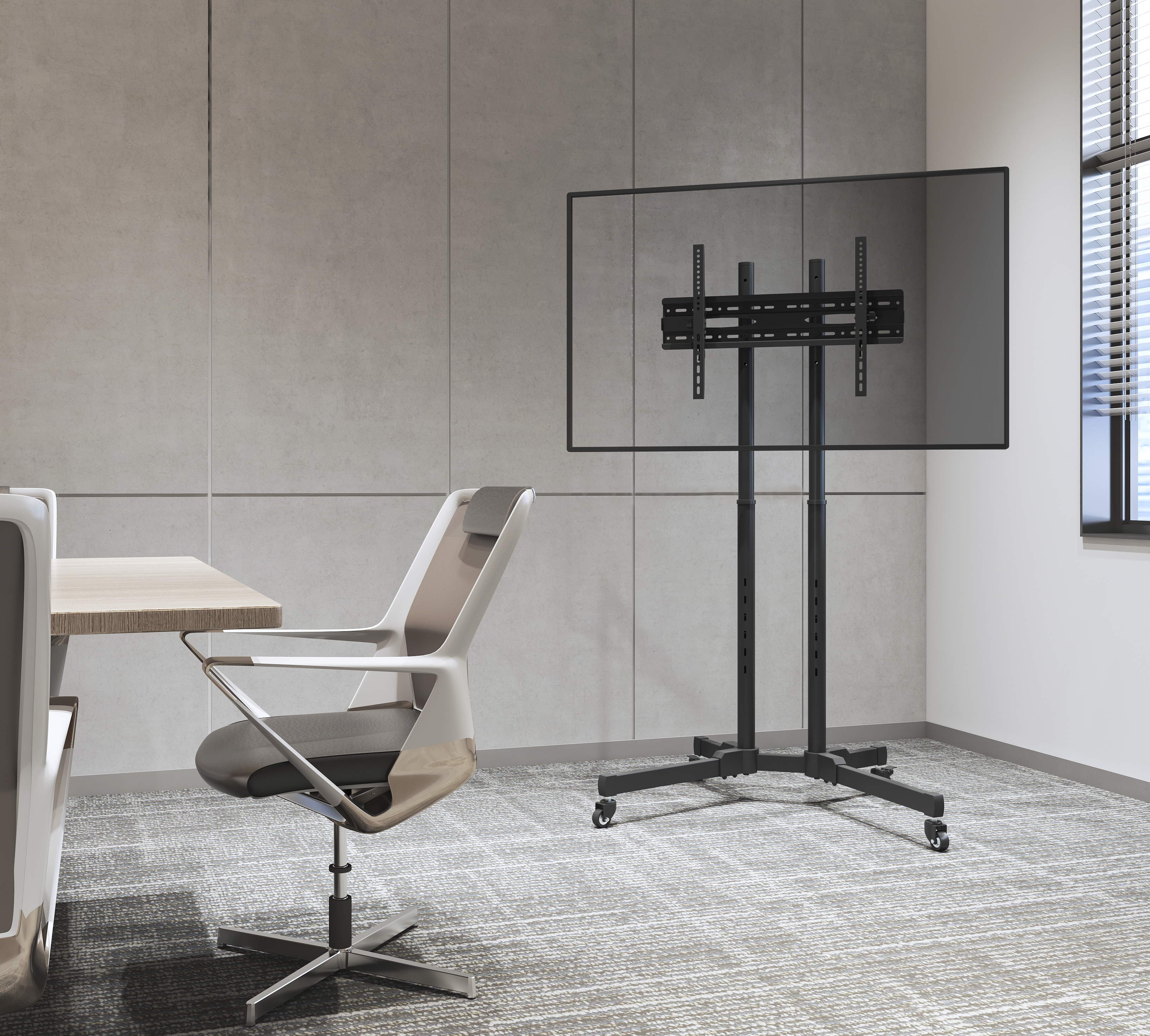 A TV stand with a TV and a chair in an office setting.