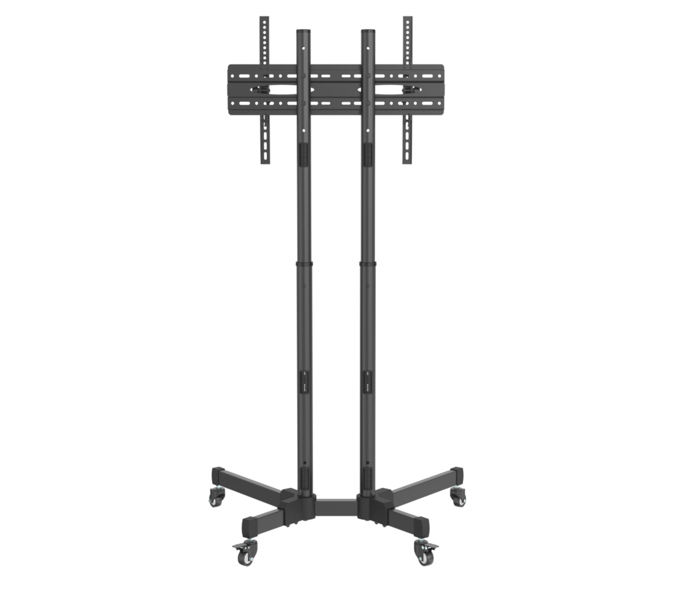 A black TV stand with two vertical poles and a base with wheels. Top has brackets for mounting a TV.