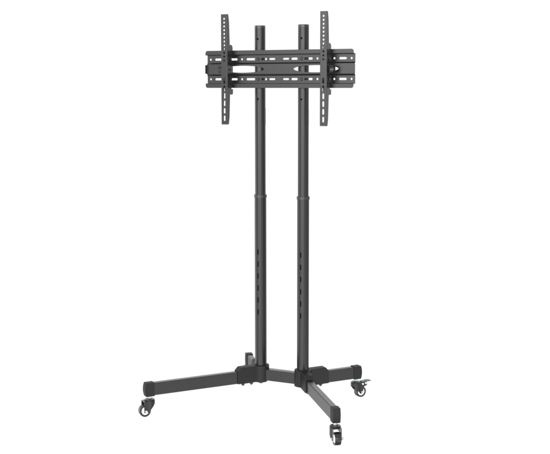 Black TV stand with adjustable height. It has wheels and a base, used to mount a TV on a white background.