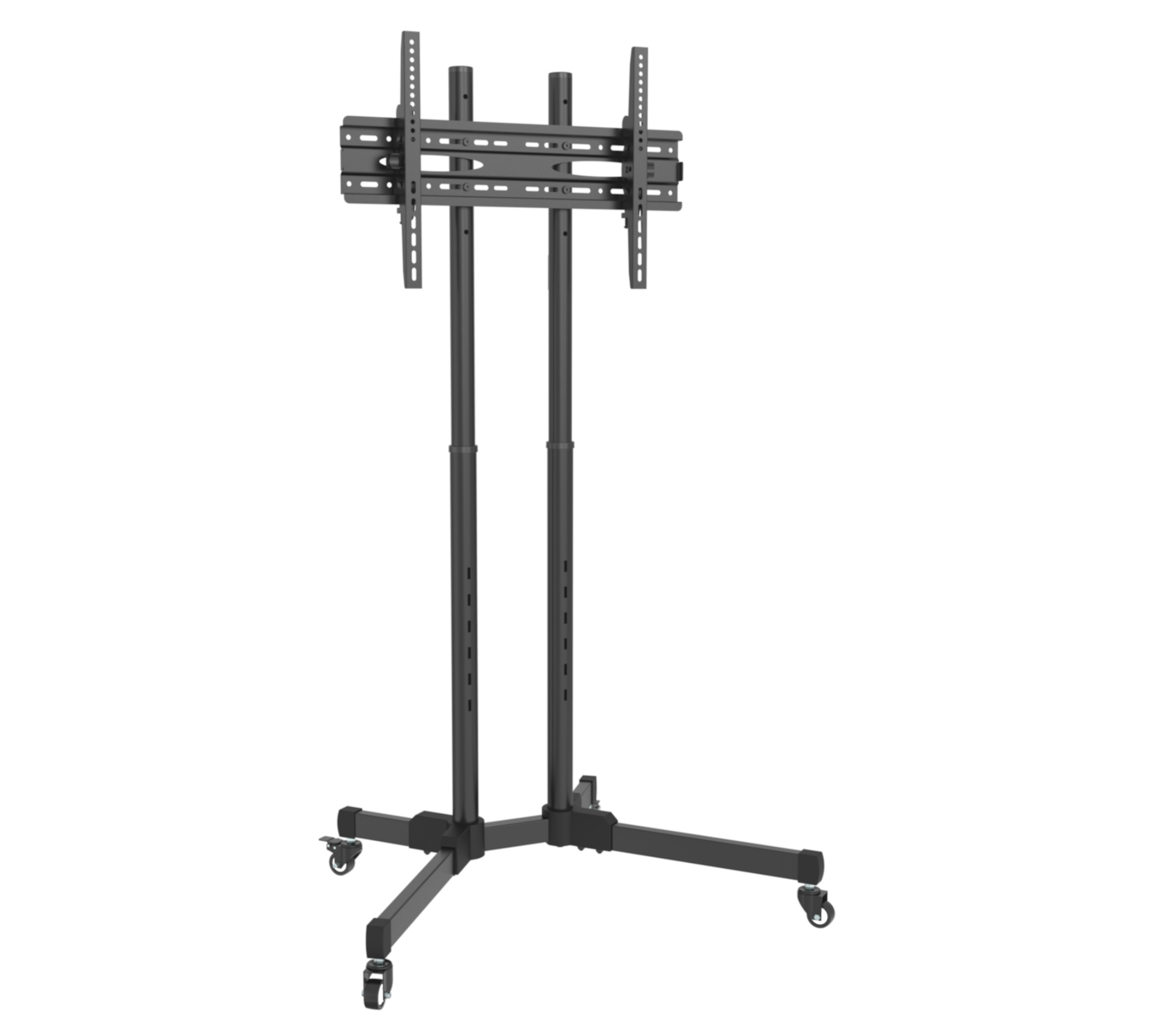 Black TV stand with wheels, designed to hold a TV. It's on a white background.