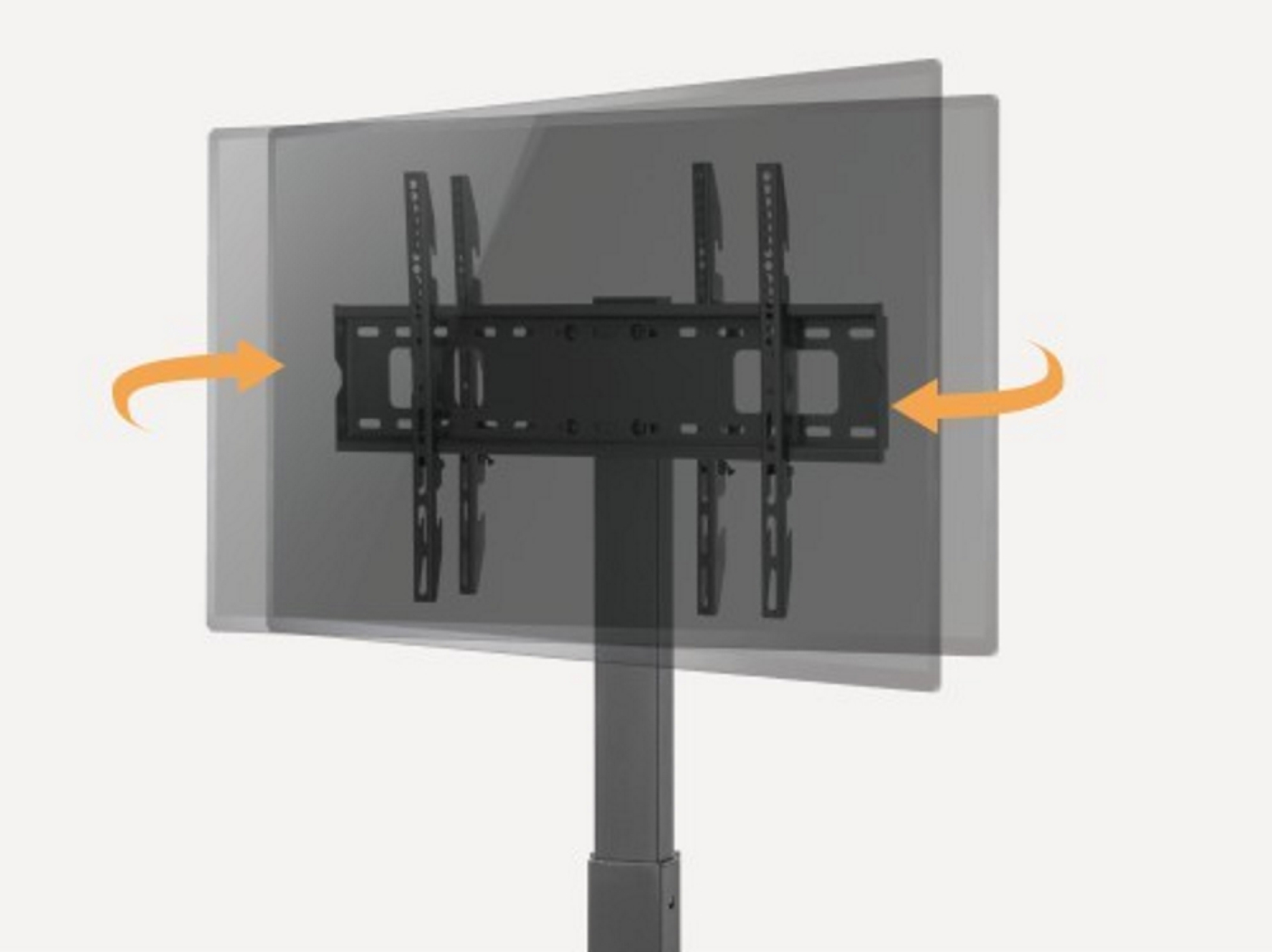 TV-Ständer mit montiertem Fernseher. Pfeile zeigen die Schwenkbewegung des Fernsehers.