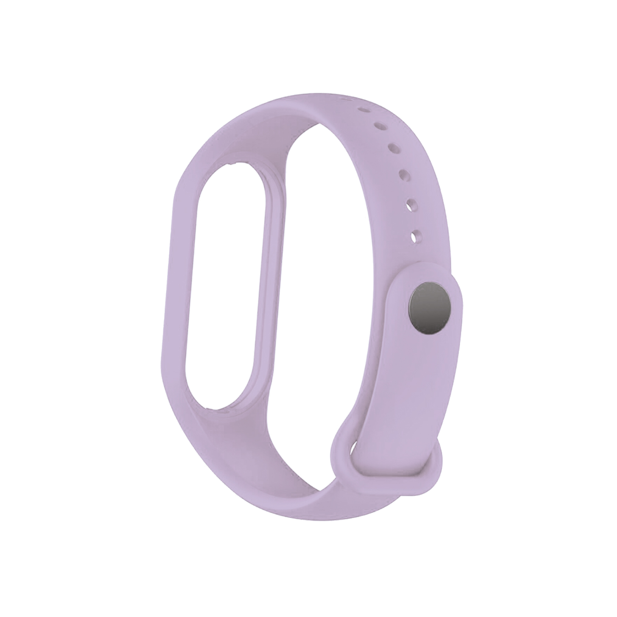Una pulsera de fitness de color lila, aislada sobre un fondo blanco.