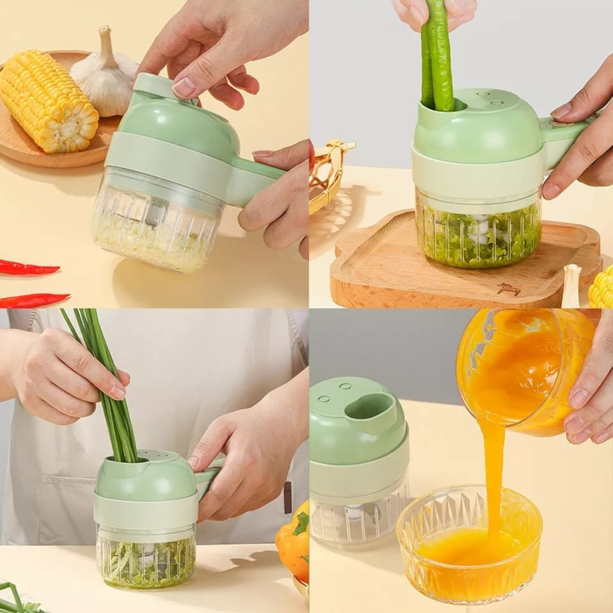 Cuatro imágenes muestran un picador de alimentos verde usado con ajo, pimientos, etc.