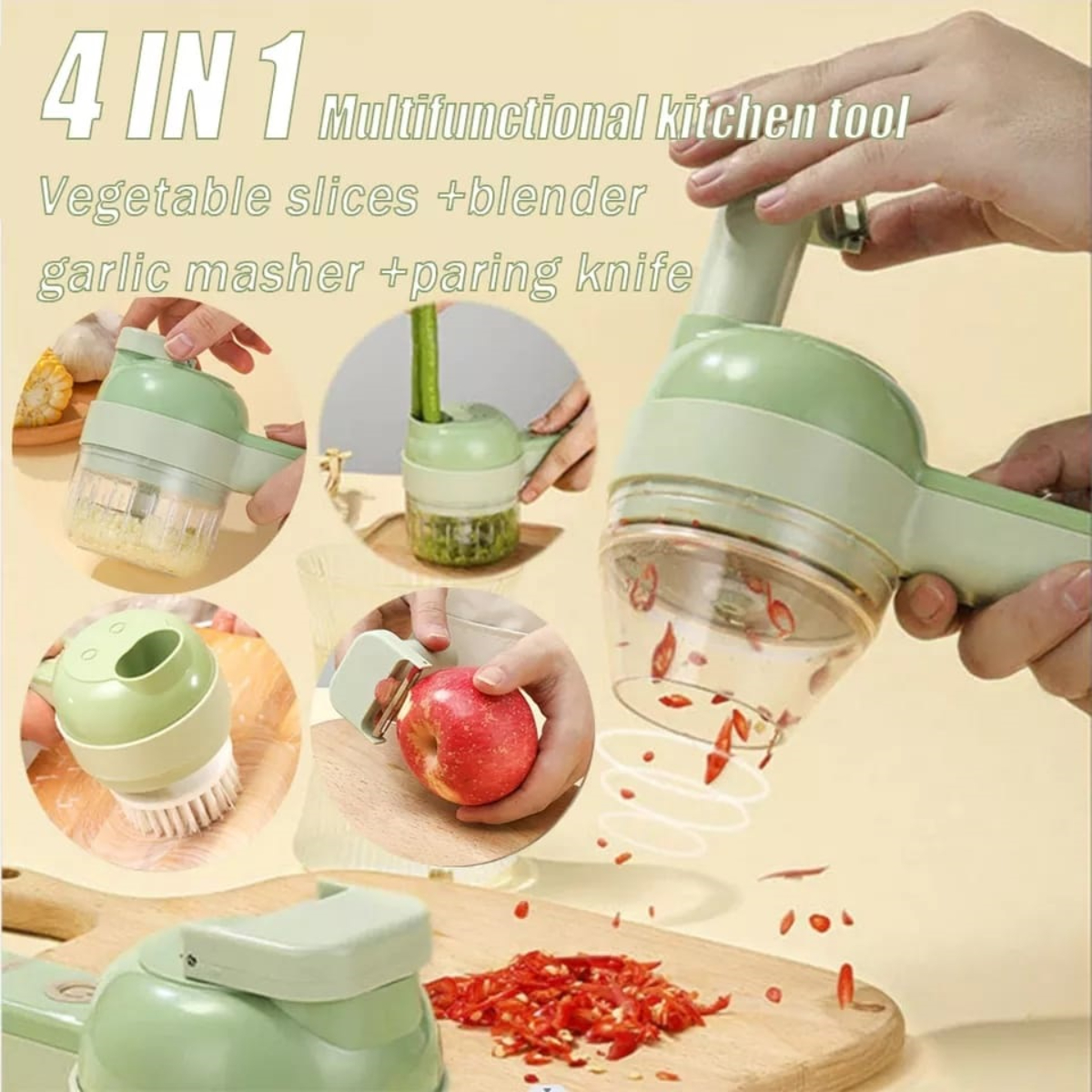 Una herramienta de cocina verde 4 en 1 se muestra con ejemplos de sus usos.