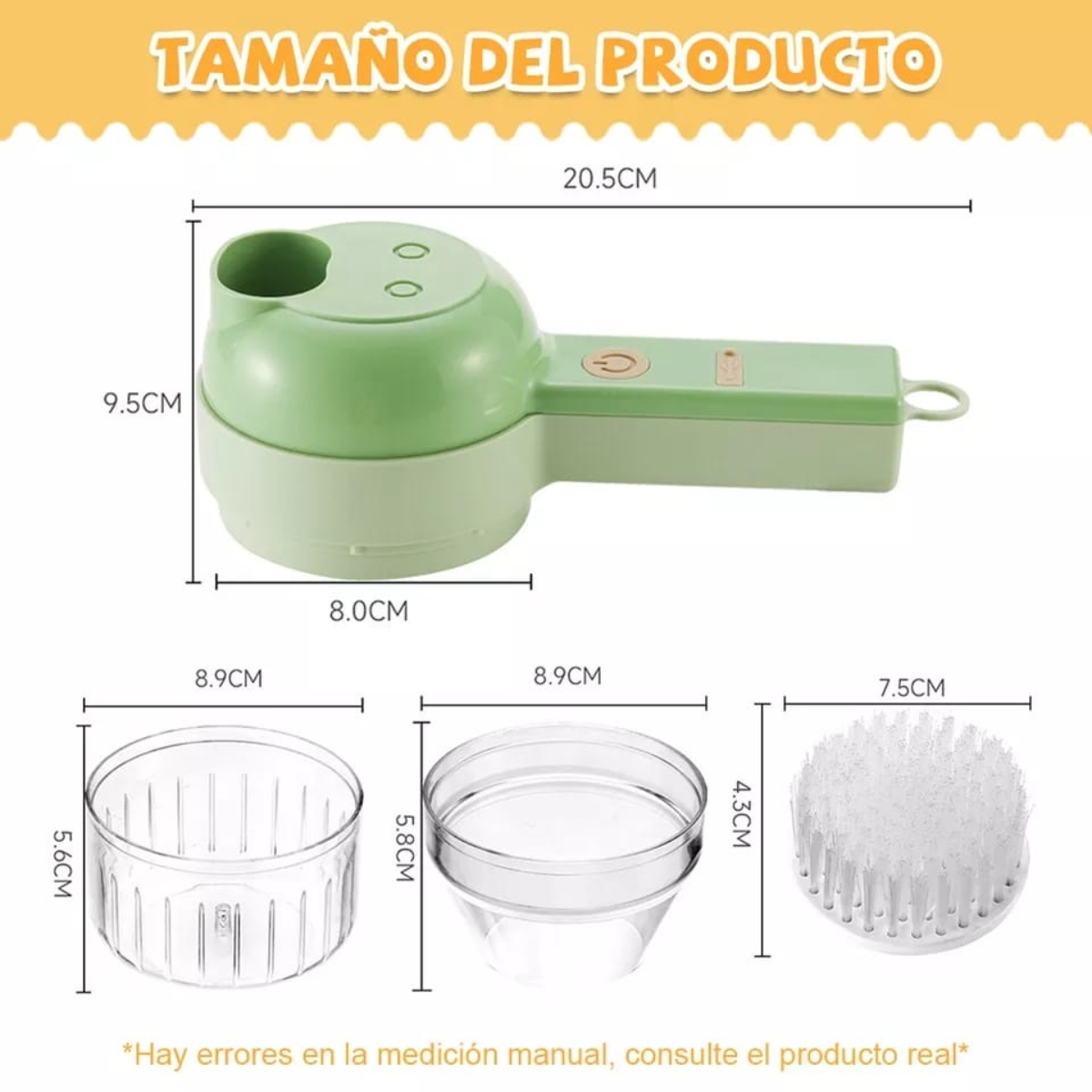 Procesador de alimentos verde y blanco con medidas y dimensiones, además de accesorios y dimensiones.