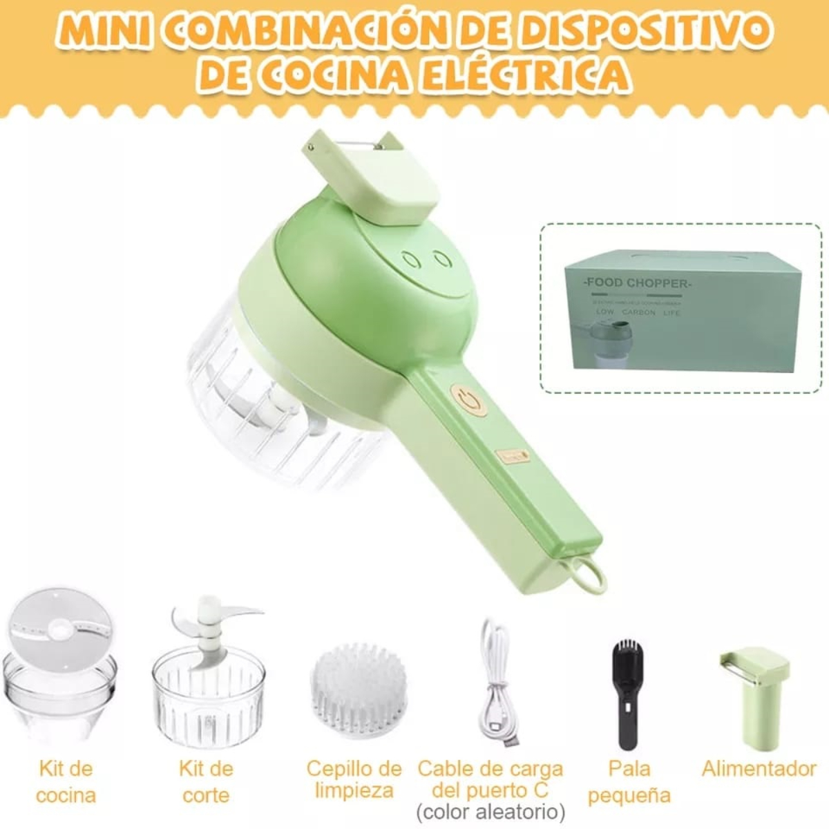 Picadora de alimentos eléctrica con accesorios. Caja con texto al lado.