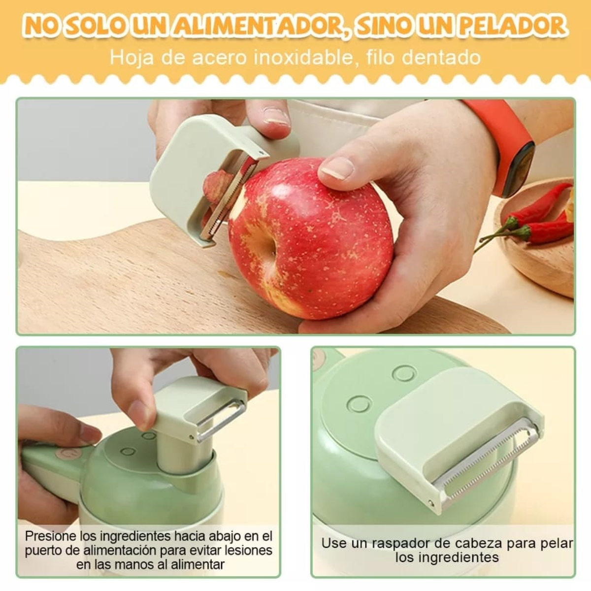 Instrucciones para un pelador de verduras. Se pela una manzana y se muestra un pelador verde.