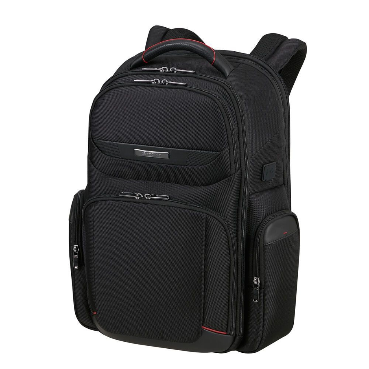 Zaino nero con tasche multiple, dettagli rossi e manico. Sfondo bianco.