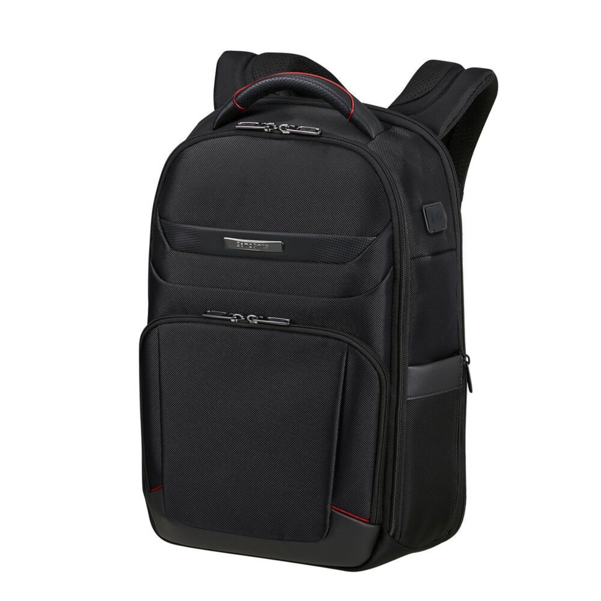 Zaino nero Samsonite con dettagli rossi su sfondo bianco. Tasche e cerniere.
