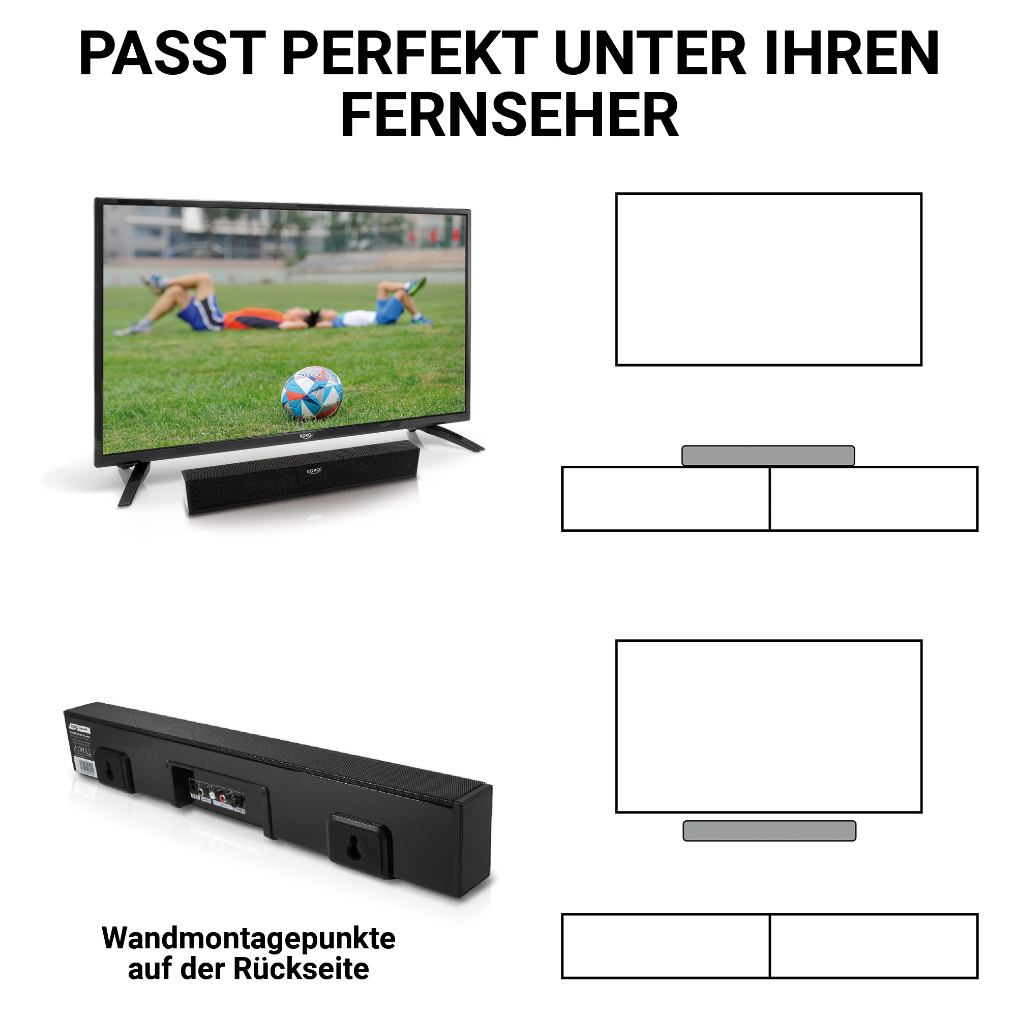 Ilustracje telewizora, soundbara i półki, z tekstem.