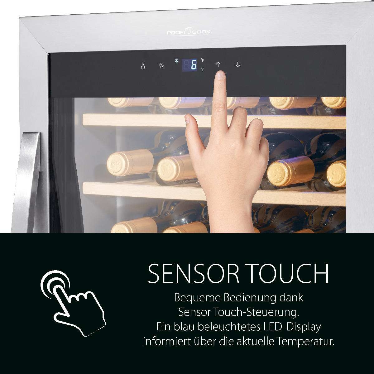 Dłoń dotyka wyświetlacza chłodziarki do wina. Chłodziarka pokazuje 6°C. Butelki są widoczne w środku.
